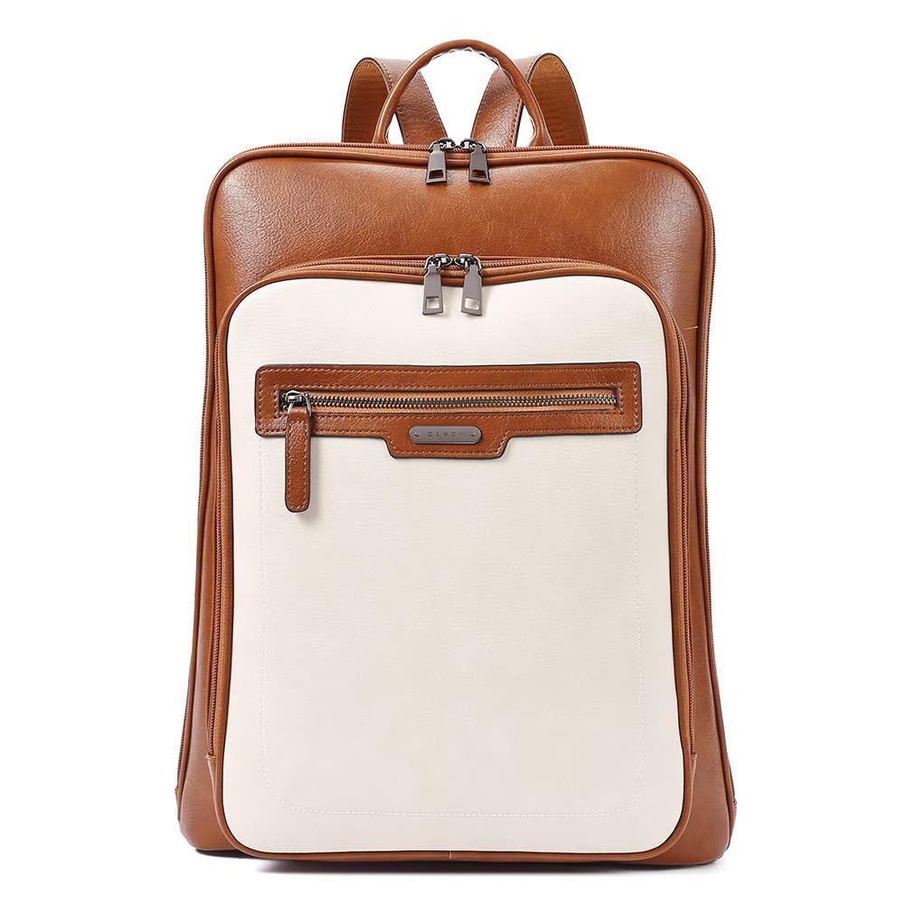 CLUCI Women's Leather Laptop Backpack 15.6 Inch - Vintage Business Computer Bag for Work, College & Travel - Large Capacity Daypack in Off-White & Brown | Perfect for Office, School & Commuting