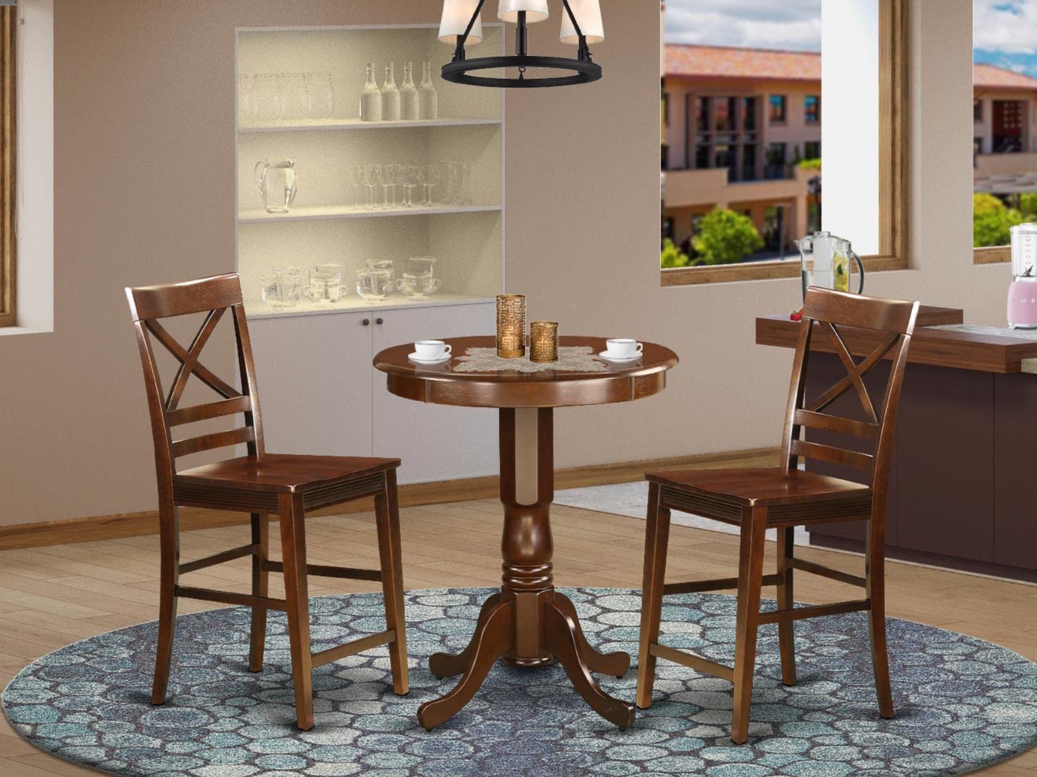 East West Furniture EDQU3-MAH-W 3-Piece Counter Height Dining Set - Round Pedestal Table with 2 Wooden Chairs for Small Spaces, 30x30 Inch, Mahogany - Perfect for Breakfast Nooks, Kitchen Islands & Compact Apartments