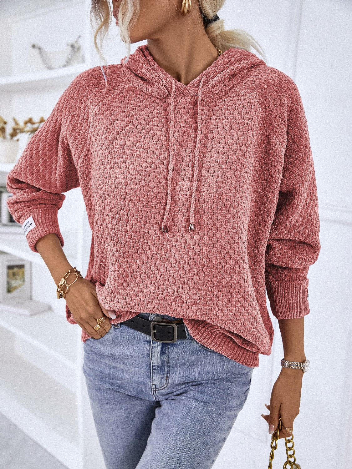 Cozy Textured Drawstring Long Sleeve Hooded Sweater for Women | Fall Winter Pullover | Casual Loungewear & Streetwear Fashion