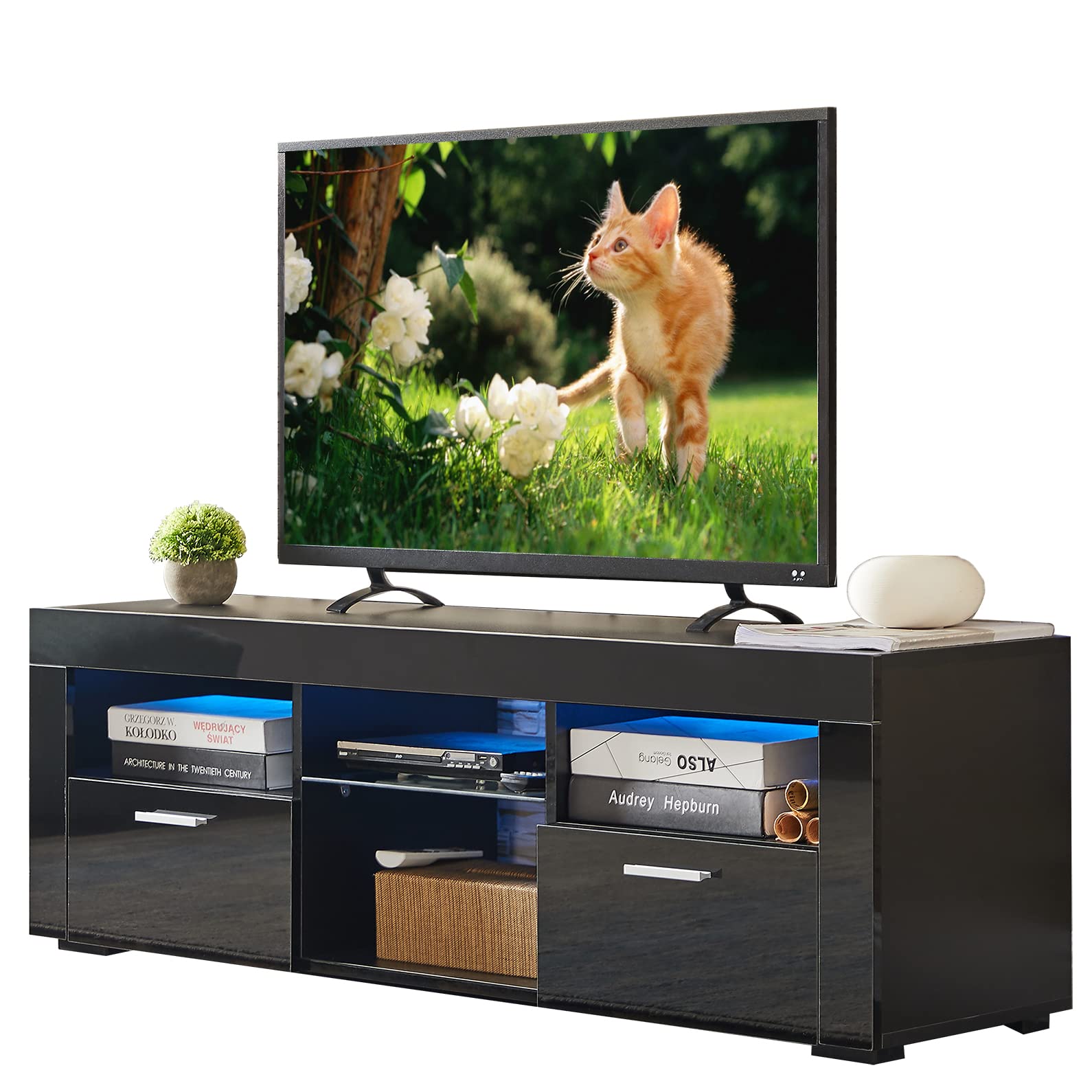 16 Color Changing LED TV Stand with Storage Cabinet - High Glossy Finish Entertainment Center for Living Room (51