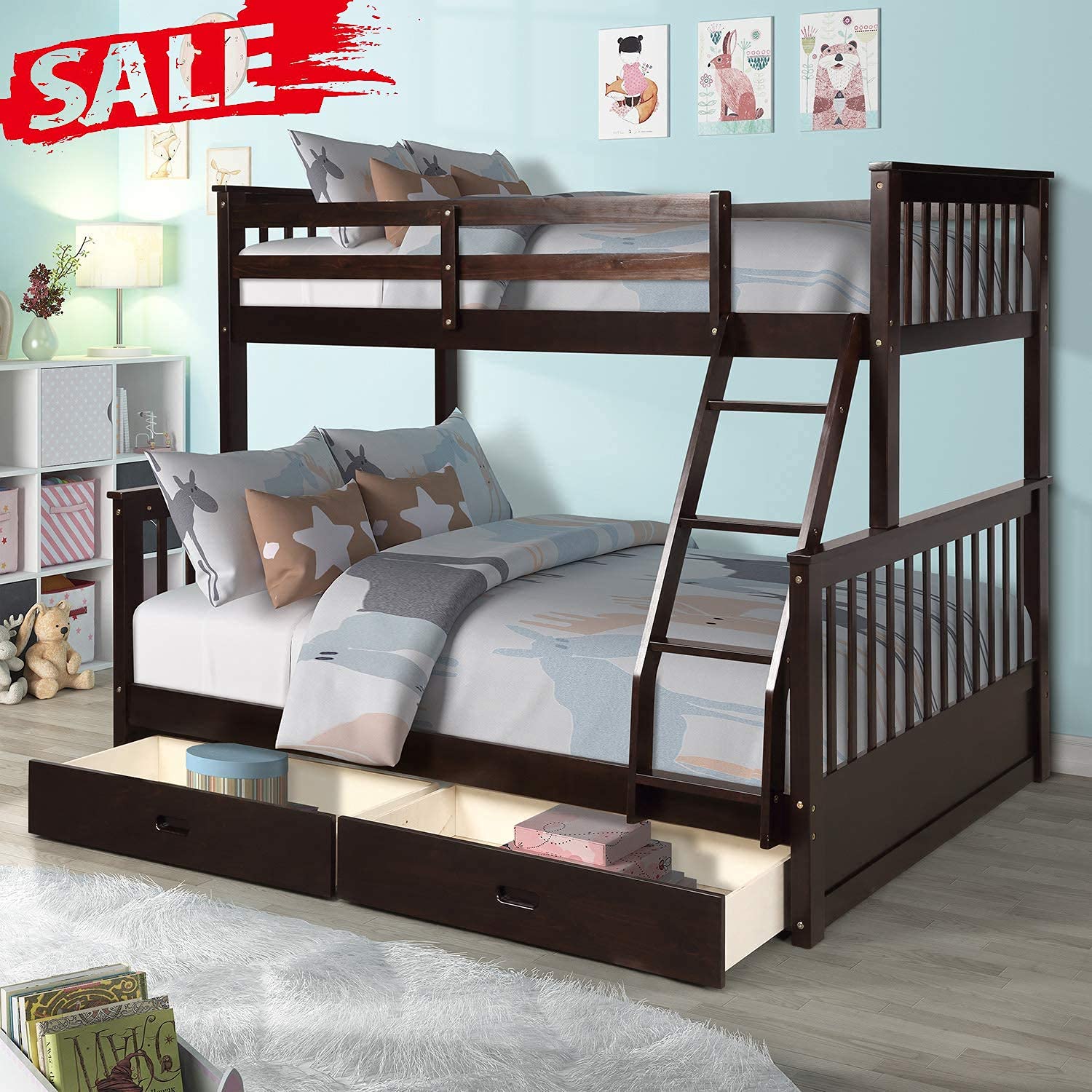 TOEIGEYNR Twin Over Full Bunk Bed with Ladder - Solid Wood Bunk Beds with Storage, Convertible to Twin/Full Size Bed Frame for Kids, Teens & Adults (Espresso) - Perfect for Small Bedrooms, Guest Rooms & Vacation Homes
