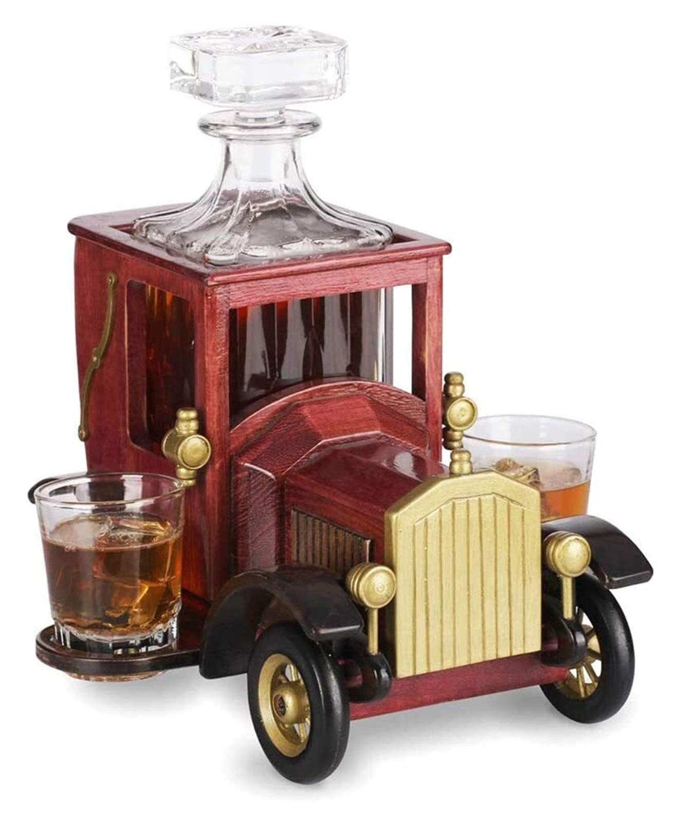 Premium Whiskey Decanter Set with 2 Crystal Glasses & Vintage Car Stand - Elegant Bourbon, Scotch and Wine Decanter for Home Bar, Gift & Entertaining | Perfect for Whiskey Lovers, Anniversary Gifts & Man Cave Decor
