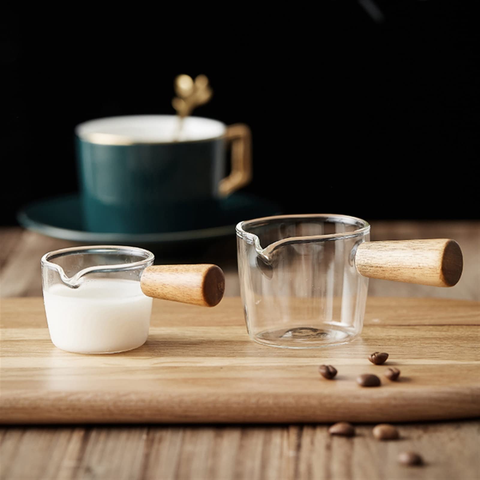 Mini Glass Gravy Boat with Wood Handle - 50ml Small Milk Jug, Coffee Creamer Pitcher, Sauce Cup for Seasoning - Perfect for Coffee, Tea, Milk Serving & Table Decor