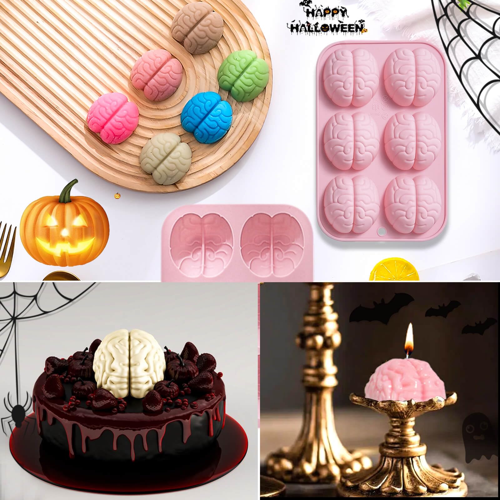 3 Pack Halloween Silicone Brain Mold - 3D Brain Shape Chocolate Candy Molds for DIY Soap, Pudding, Candle, Mousse Cake, Cupcake & Jelly Making - Perfect for Halloween Party Decorations & Spooky Dessert Creations