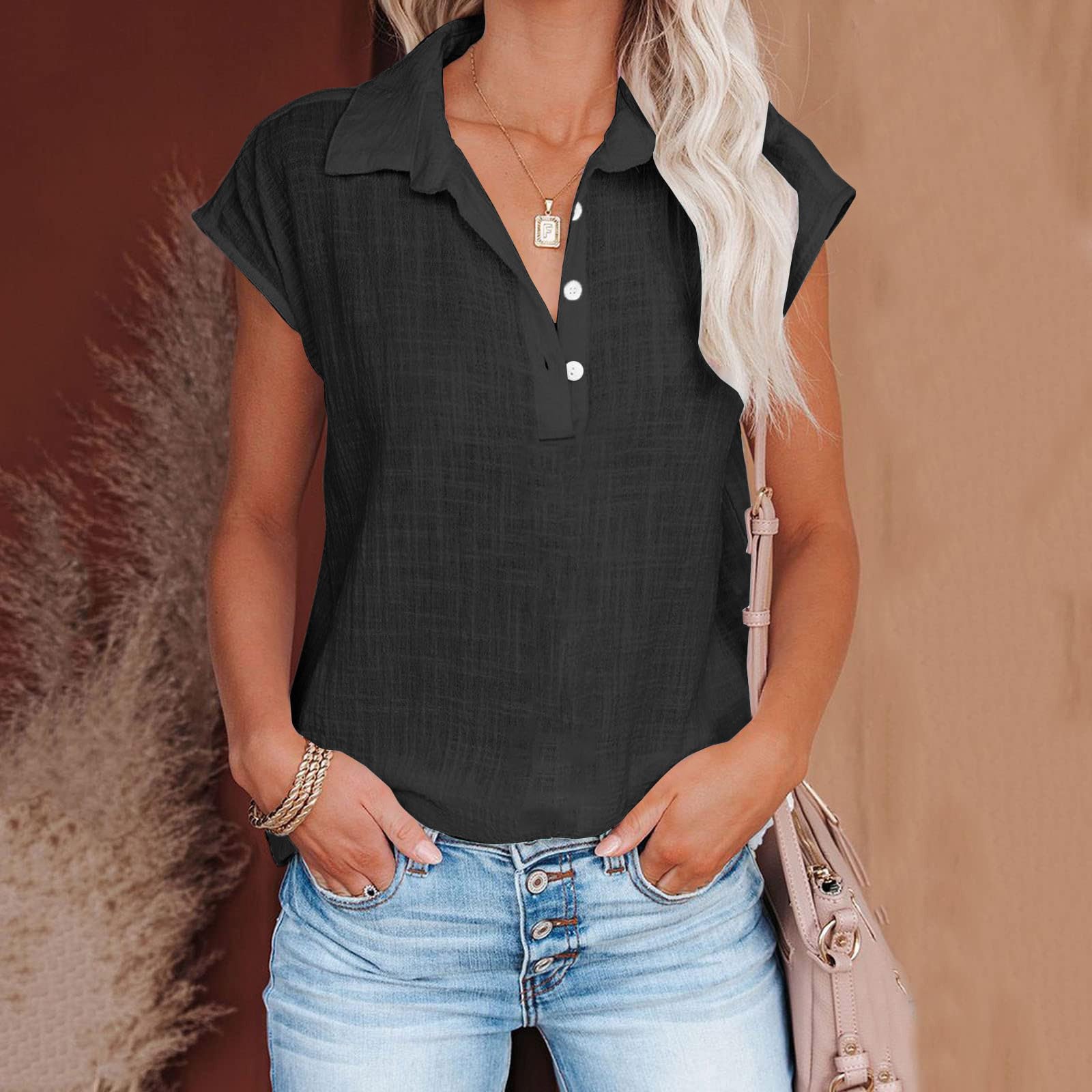 Trendy Women's Cotton Linen Short Sleeve Blouses - Loose Fit Casual & Dressy Tops for Summer 2024 | Perfect for Office, Date Night & Weekend Outings