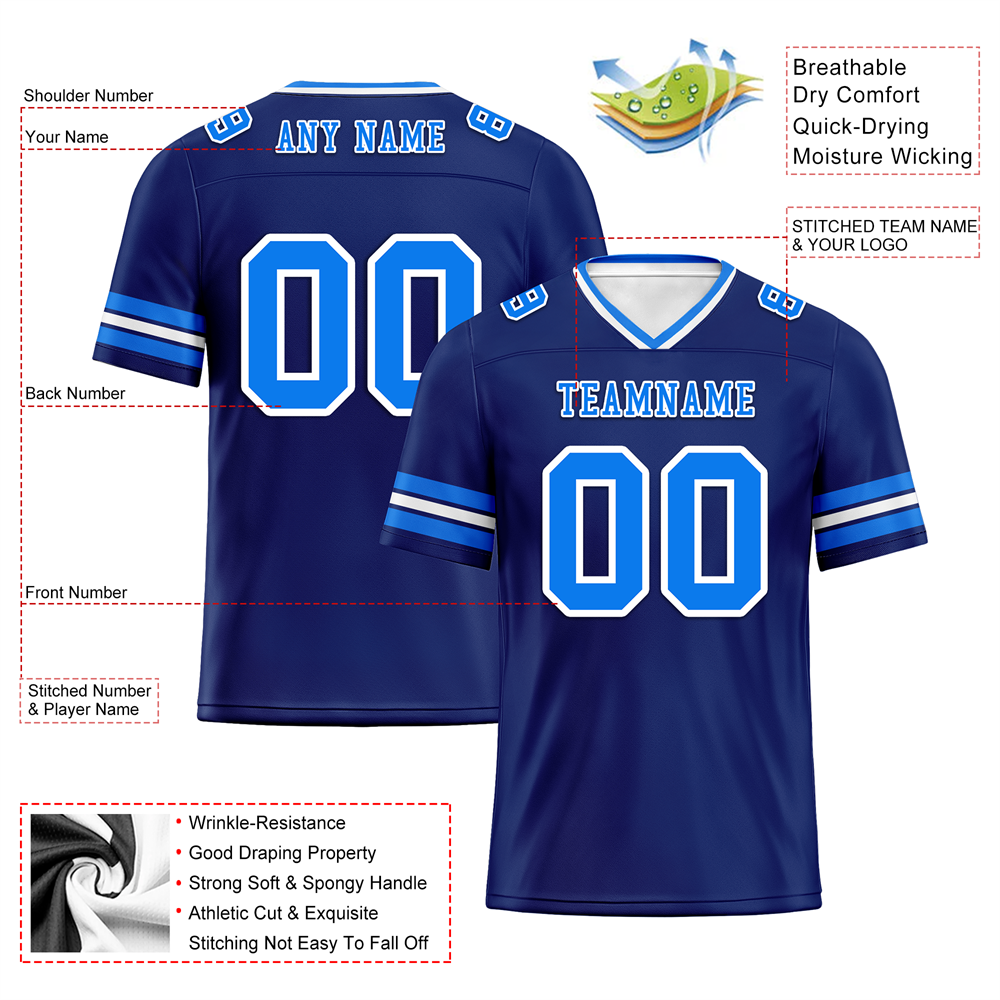 Custom Blue Sleeve Stripes Personalized Authentic Football Jersey - FBJ02 - Perfect for Game Day, Sports Events & Fan Collections