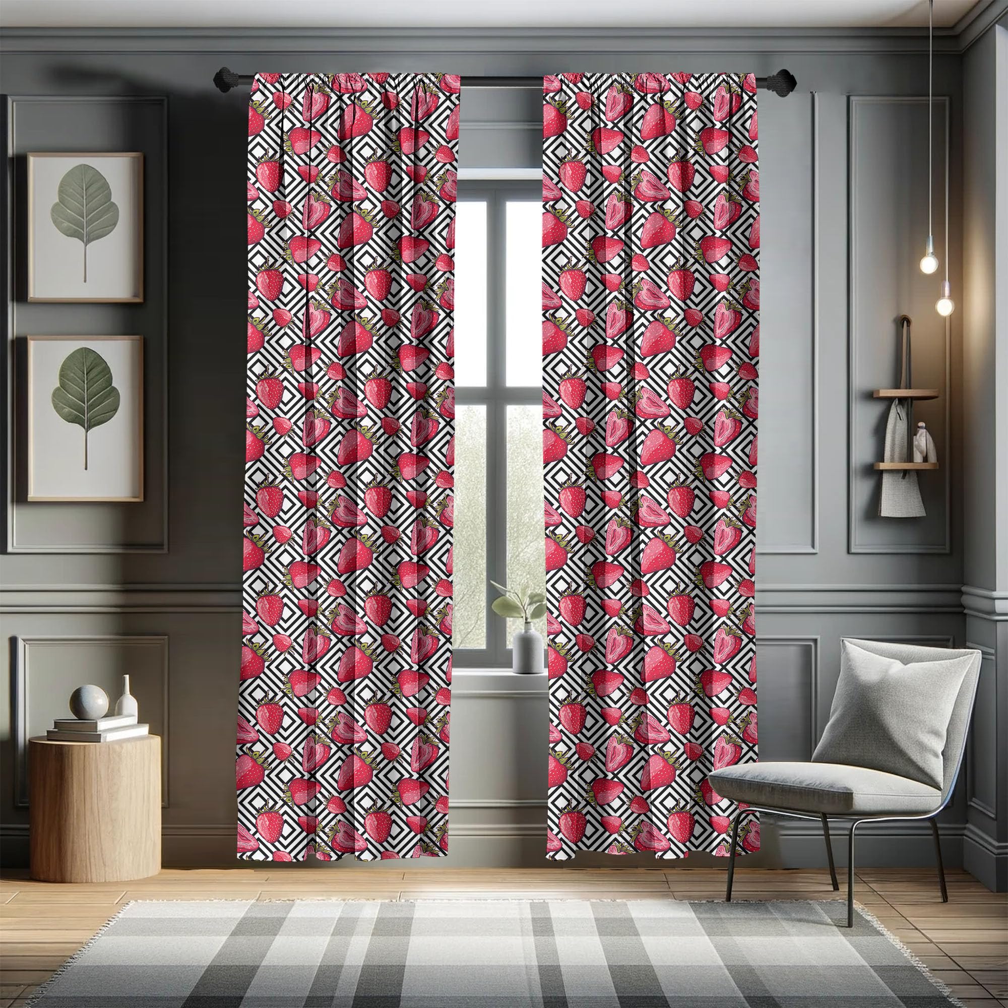 Ambesonne Fruit Print Curtains - Black & White Chevron Striped Strawberry Design, 28x95 Inch 2 Panel Set for Living Room & Bedroom | Juicy Feminine Decor | Perfect for Kitchen, Dining Room or Farmhouse Style Windows