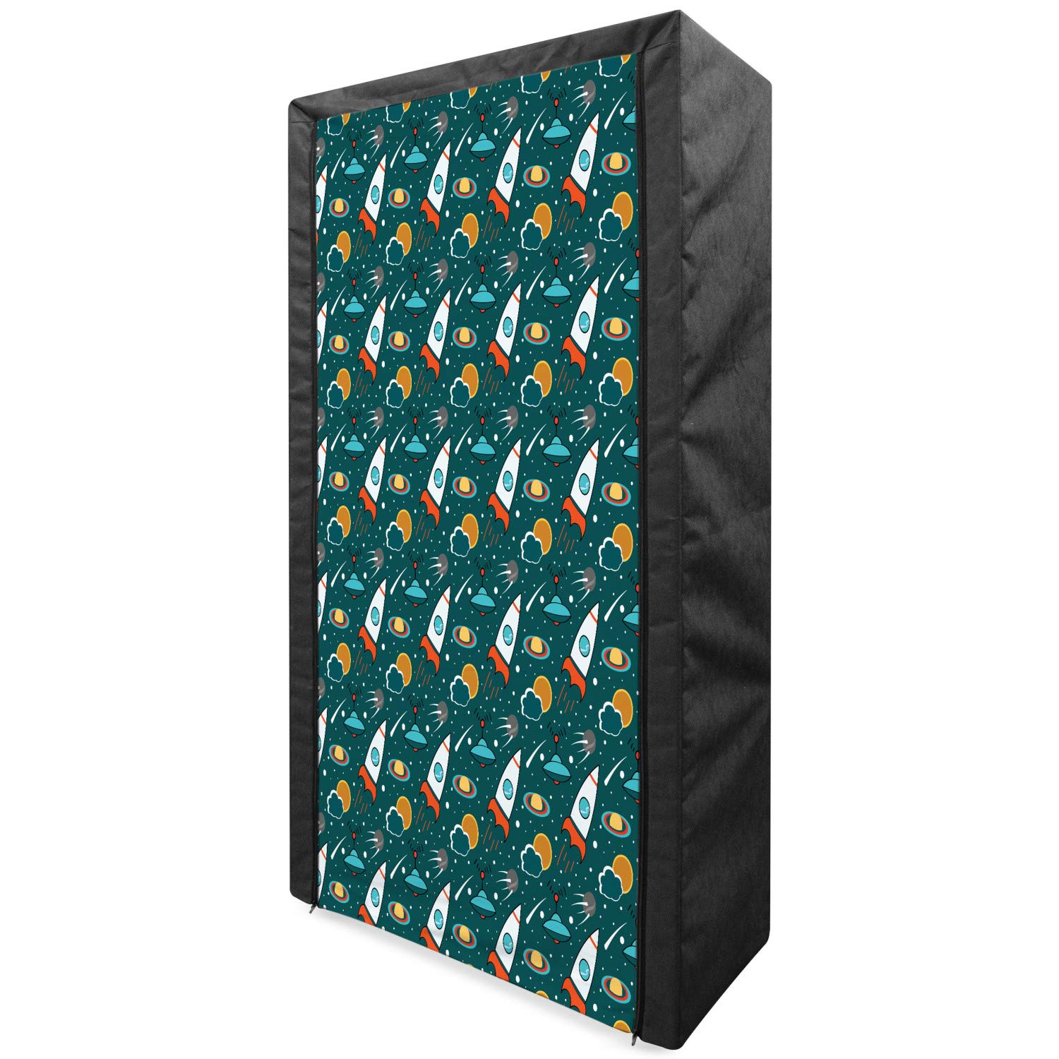 Ambesonne Spaceship Portable Fabric Wardrobe - Sci-Fi Outer Space Cartoon Design with Saturn, Sun & Nebula Print - Multicolor Closet Organizer with Shelves (33.5 Inches) - Perfect for Kids' Rooms, Dorm Storage & Space-Themed Decor
