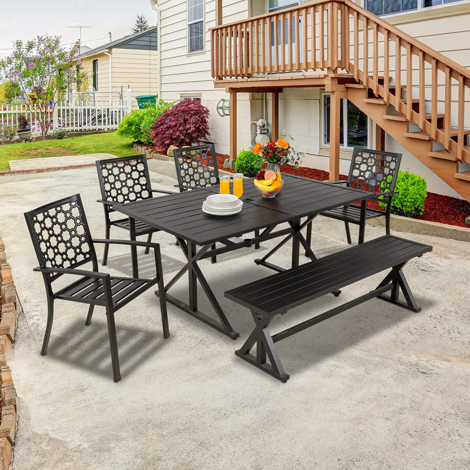 MEOOEM Black Outdoor Patio Bench - Heavy Duty Industrial Garden Bench for Park, Lawn, Lounge & Picnic - Weather Resistant Steel Furniture (61.2