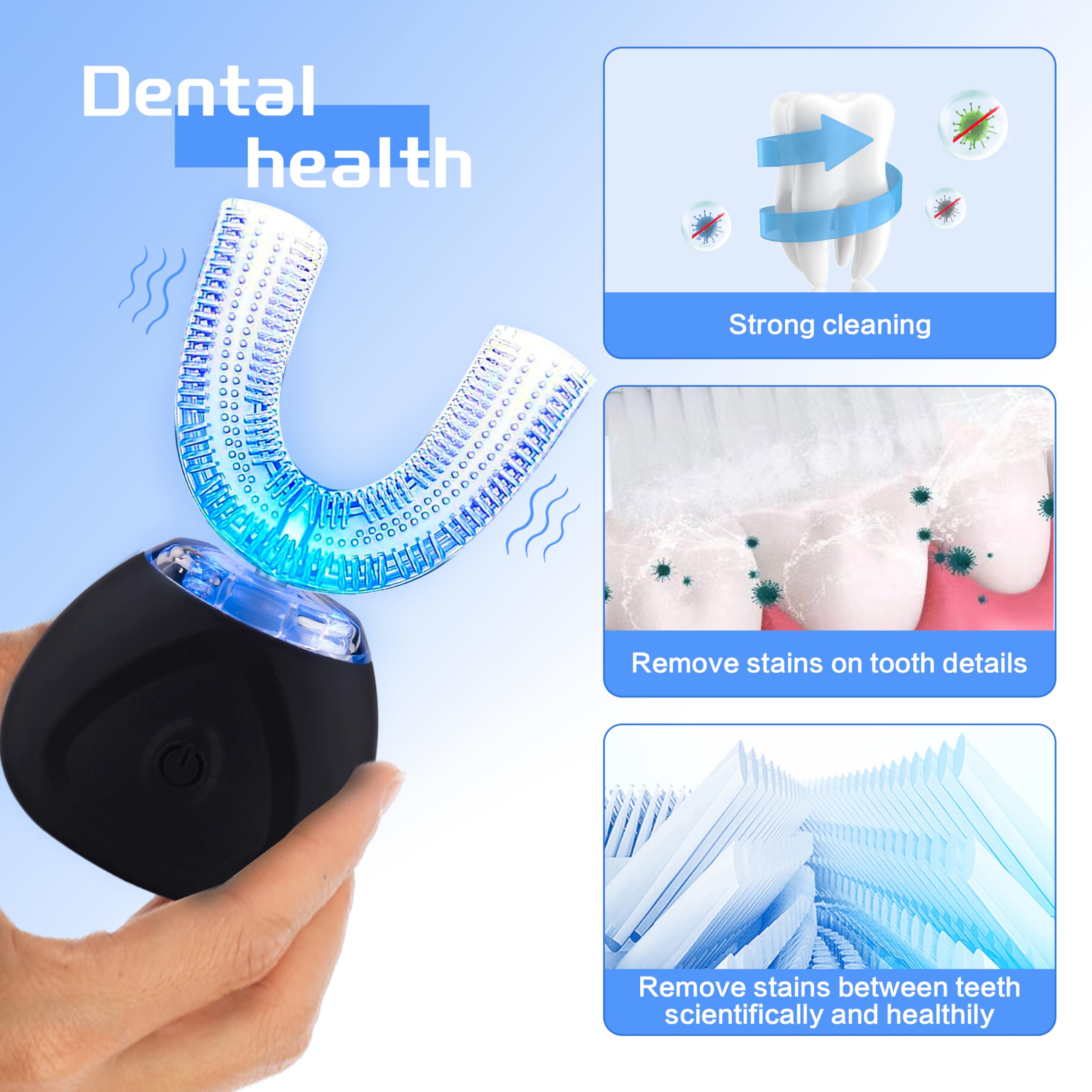 Ultrasonic Electric Toothbrush for Adults - U-Shaped Automatic Teeth Whitening Toothbrush with 360° Whole Mouth Cleaning, IPX7 Waterproof (Black) - Perfect for Travel & Daily Oral Care