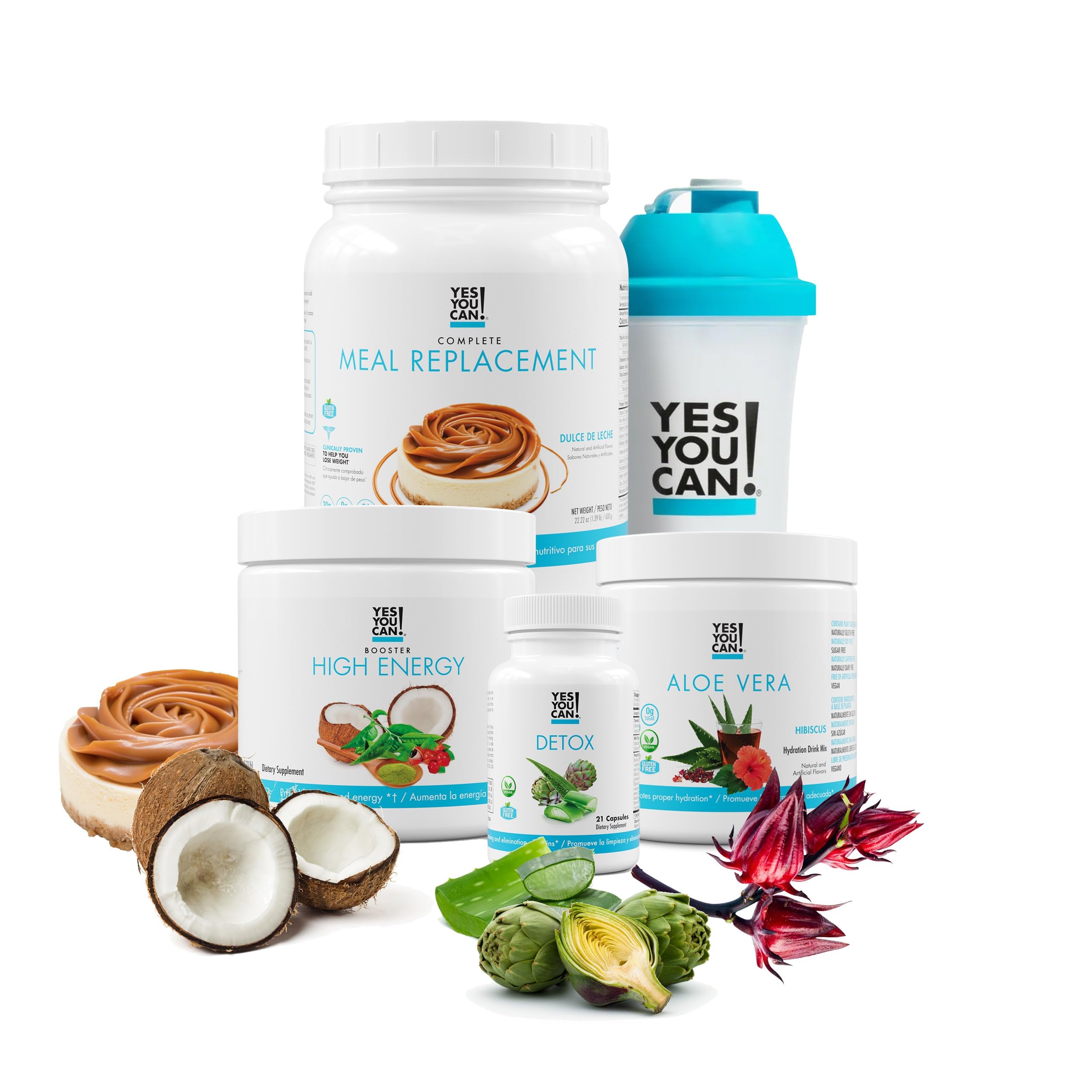 Yes You Can! Detox Plus Kit - Meal Replacement Powder (Dulce de Leche & Aloe Vera Hibiscus Flavors), High Energy Shake Booster & Detox Supplement for Weight Management & Wellness | Perfect for Busy Lifestyles, Post-Workout Recovery & Healthy Meal Alternatives