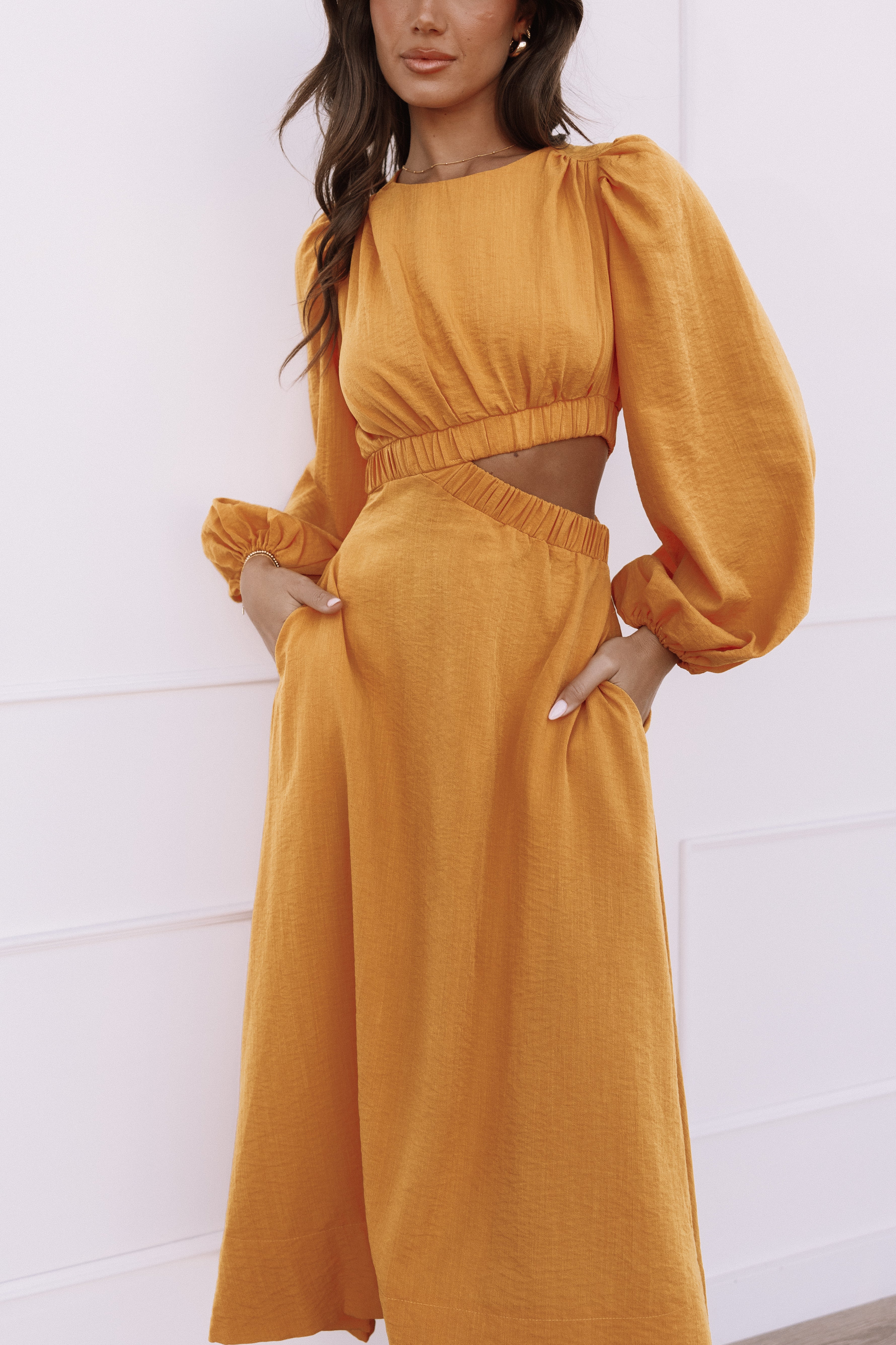 Ginnee Puff Sleeve Cutout Midi Dress in Mustard Yellow | Flowy Summer Dress for Women | Perfect for Beach Vacations, Date Nights & Outdoor Parties
