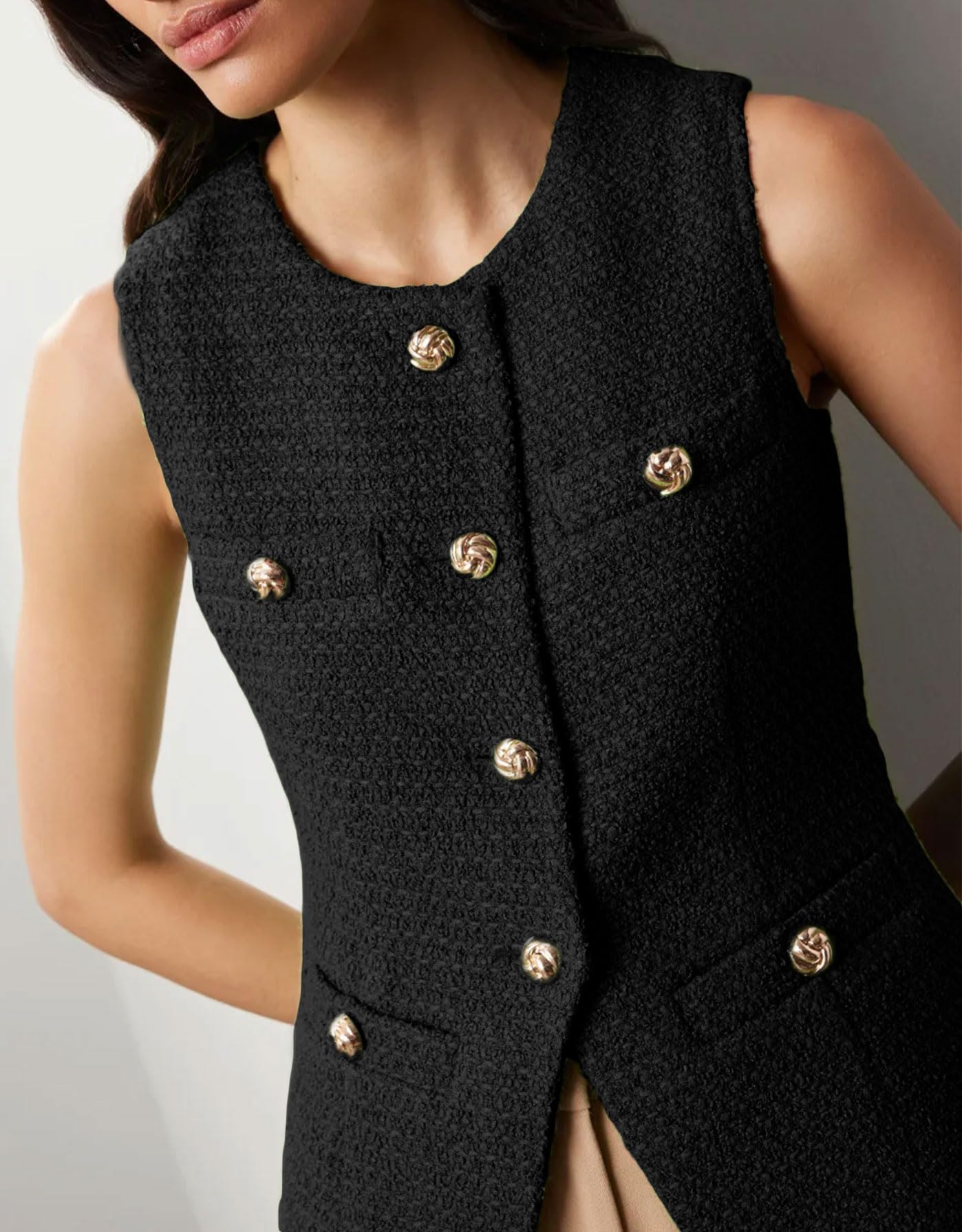 Women's Tweed Blazer Vest - Sleeveless Button Front Jacket for Work & Office | Casual Chic Outerwear for Business, Date Night & Fall Layering