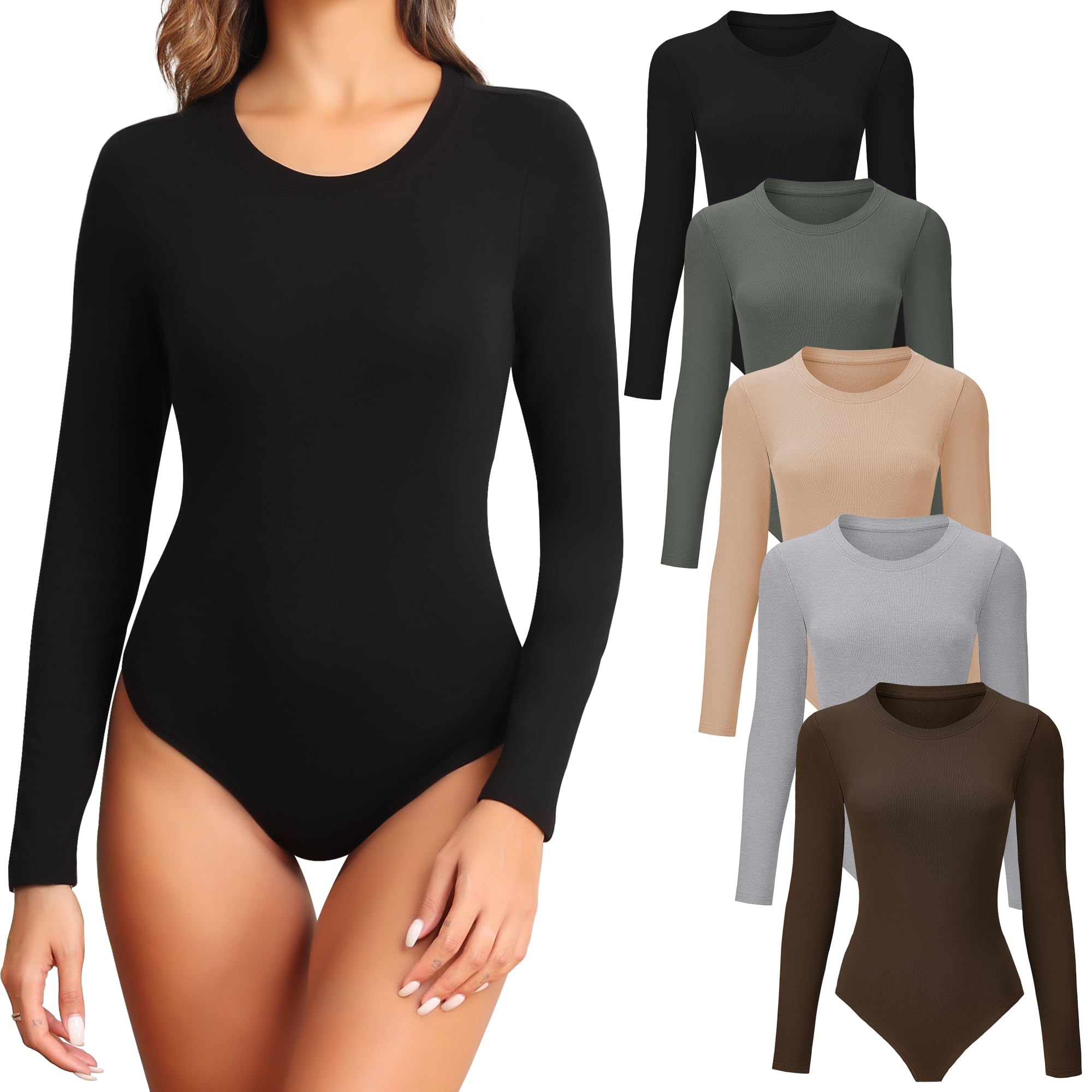 4/5 Pack Women's Long Sleeve Bodysuit - Stretchy Round Neck Basic Tops for Layering, Workout & Everyday Wear