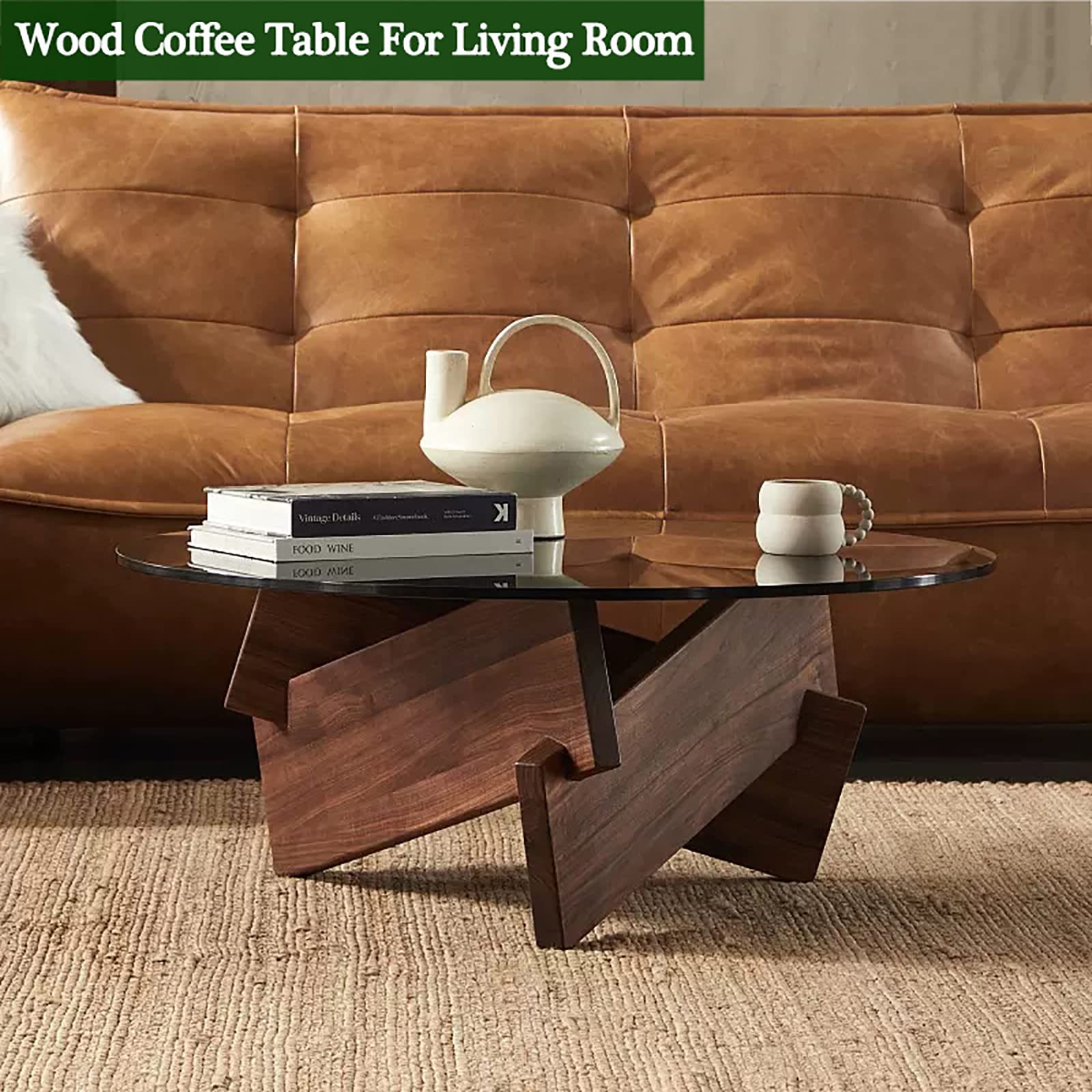 Mid-Century Modern Round Coffee Table with Thickened Glass Top & Wood Base - 31.5
