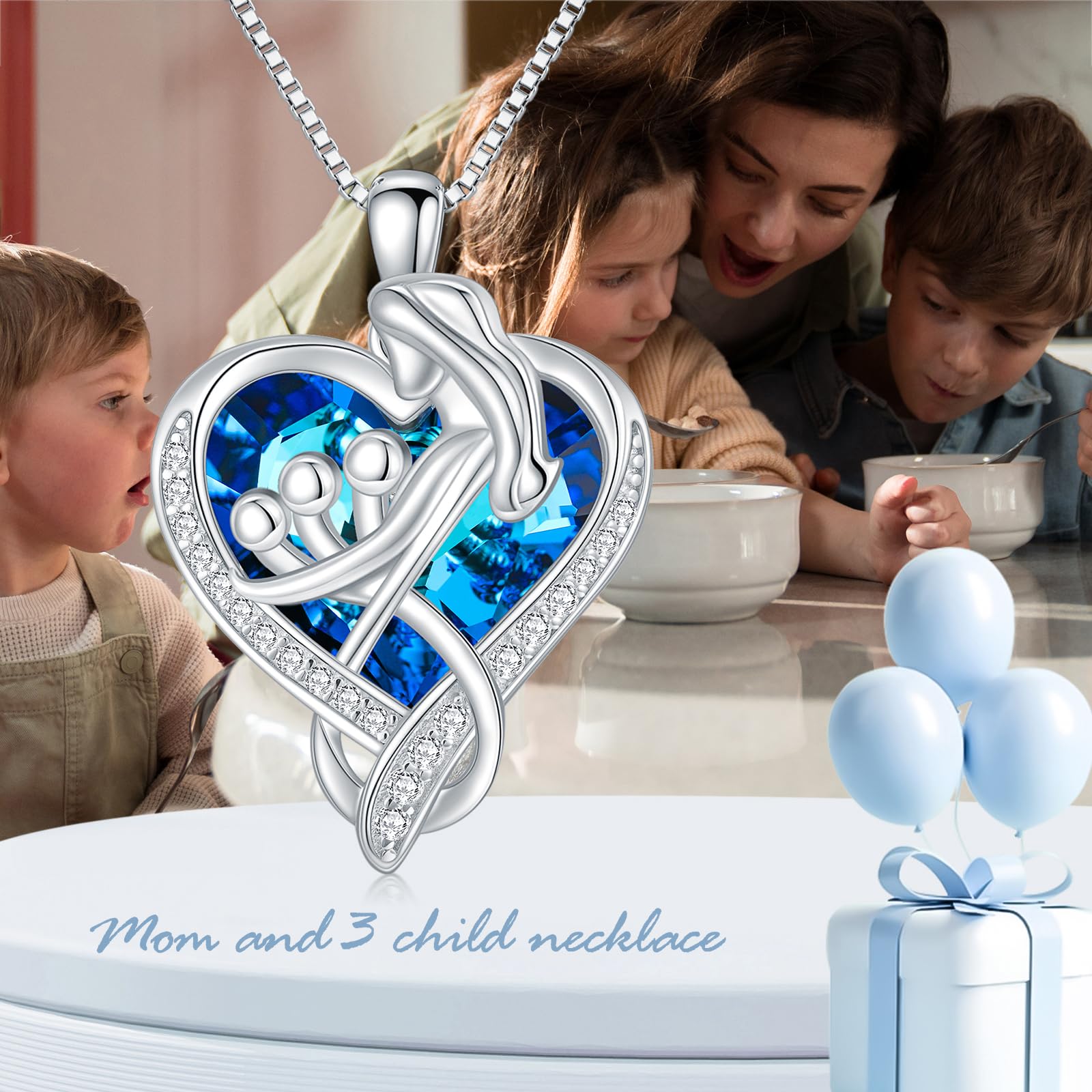 TOUPOP Sterling Silver Family Pendant Necklace with Blue Crystal - Thoughtful Jewelry Gift for Mom, Women (Christmas, Birthday, Mother's Day) - Perfect for Special Occasions & Everyday Elegance