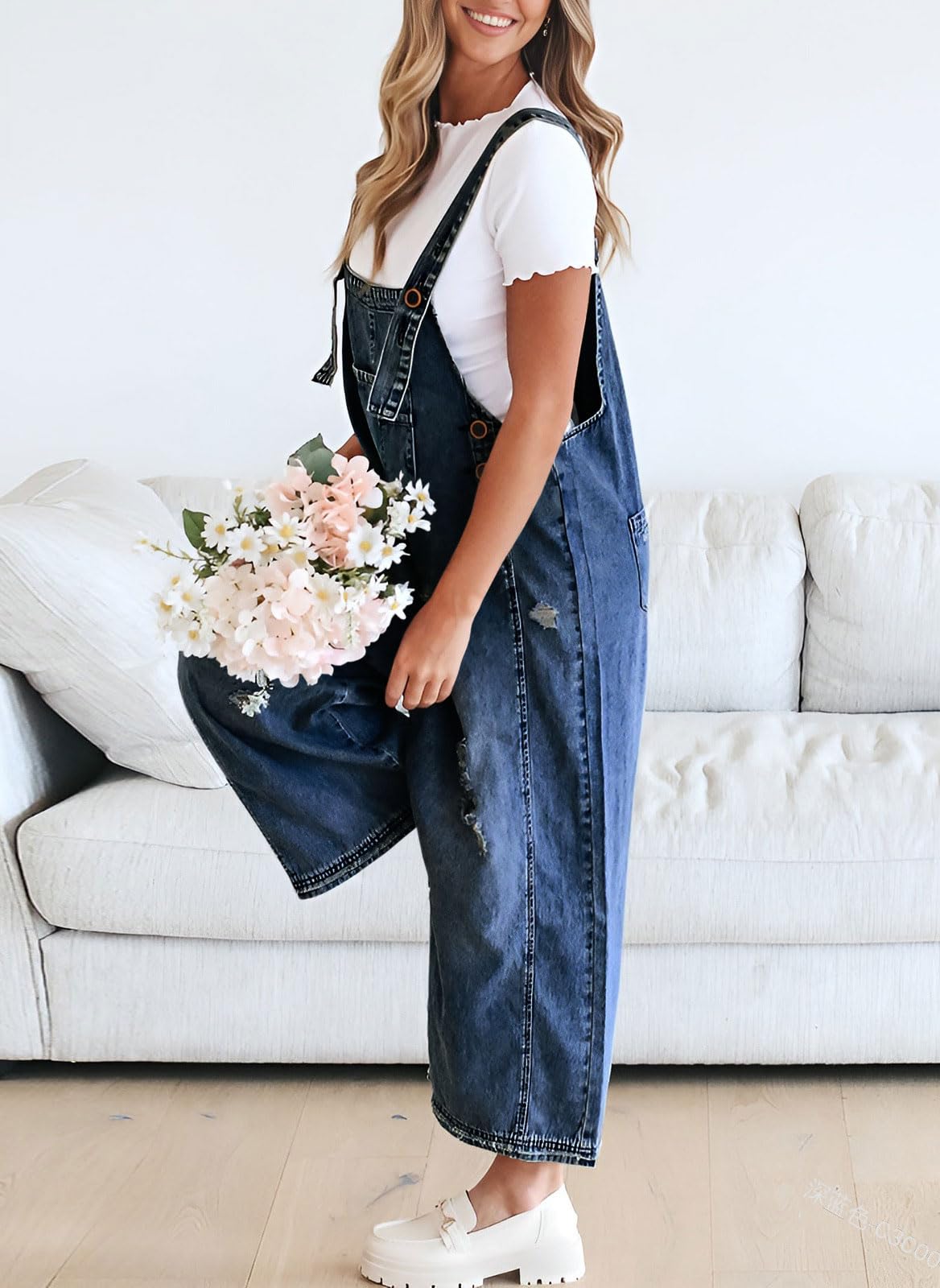 Women's Distressed Denim Bib Overalls - Loose Fit Adjustable Strap Wide Leg Baggy Jumpsuit for Casual Outings & Streetwear Fashion