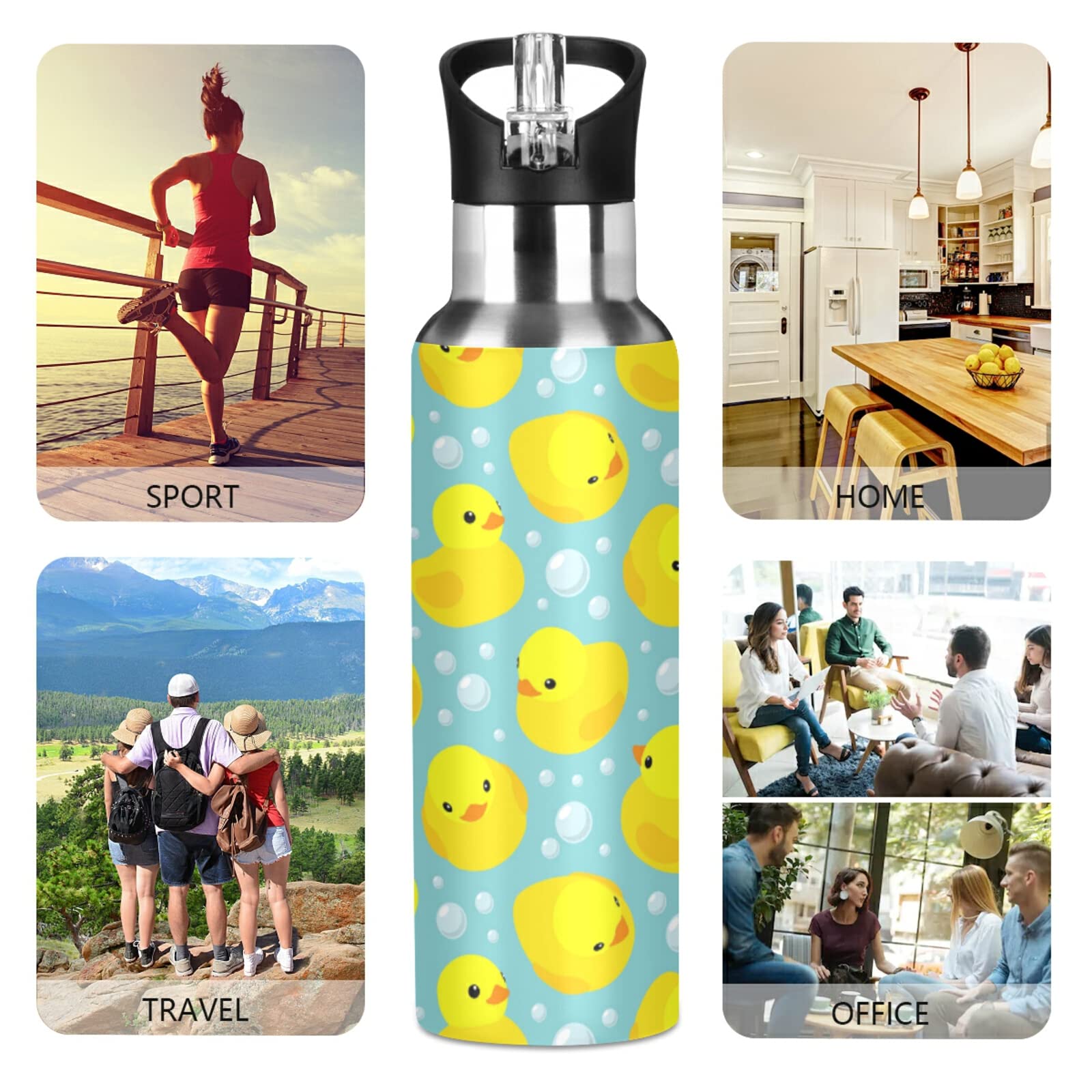 Senya 20oz Stainless Steel Water Bottle with Straw Lid - Insulated Kids Thermos for Sports, Gym, School & Outdoor Activities | Leakproof BPA-Free Water Flask | Yellow Ducks Bubbles Design | Perfect for Hiking, Camping & Daily Hydration
