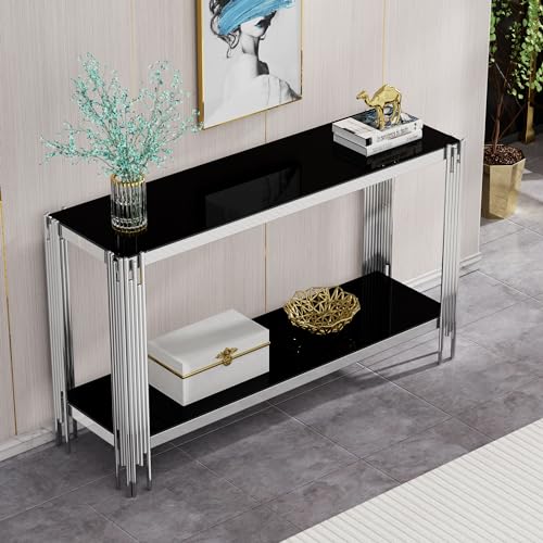 Silver Console Table (Black Glass Top)
