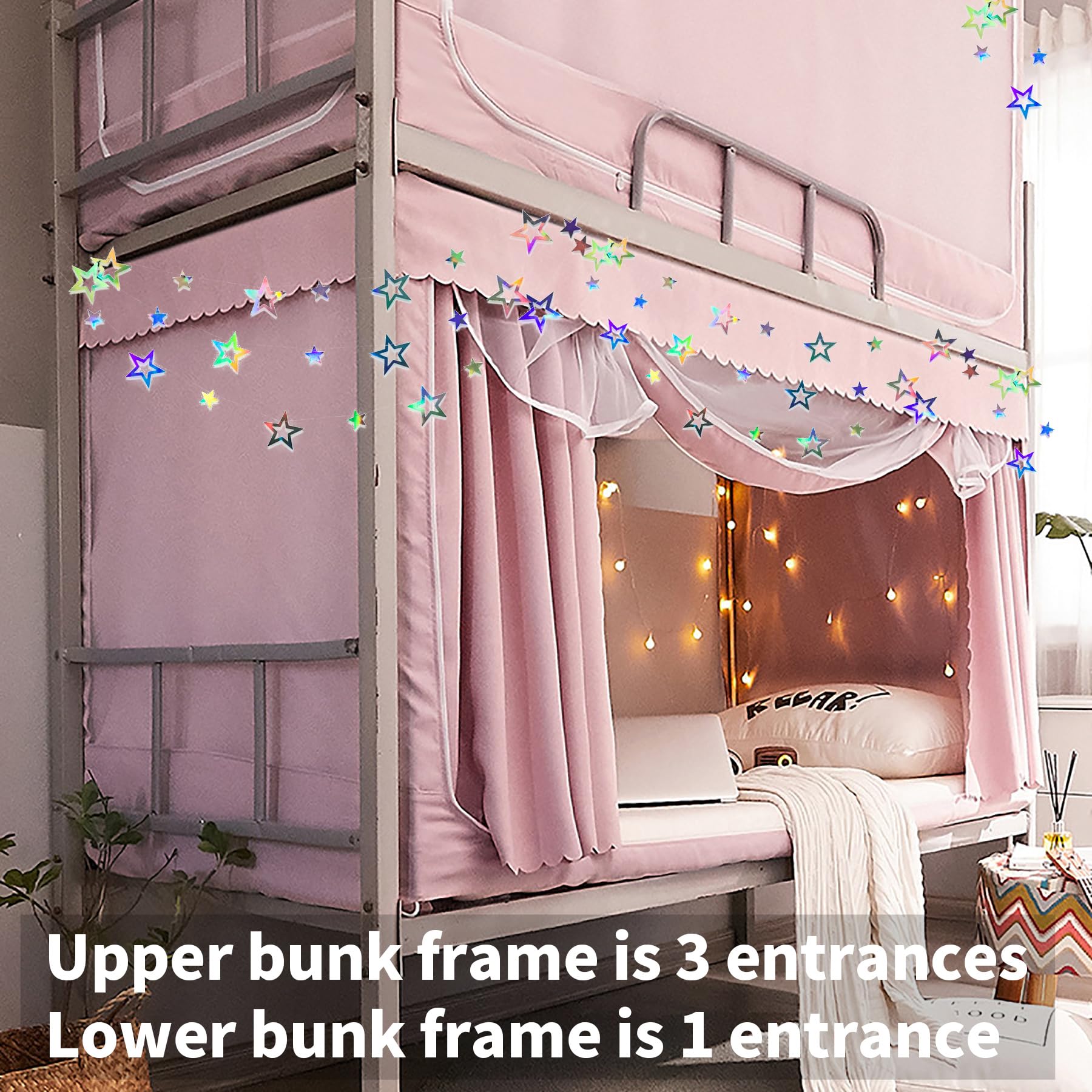 **ATKITS Canopy Bed Curtains & Bunk Bed Tent - Twin Top Bunk Bed Cover with Frame Post Poles, Starry Pink Design for Dorm Rooms & Kids' Bedrooms | Perfect for Student Dorm Decor, Privacy & Cozy Sleeping Space**