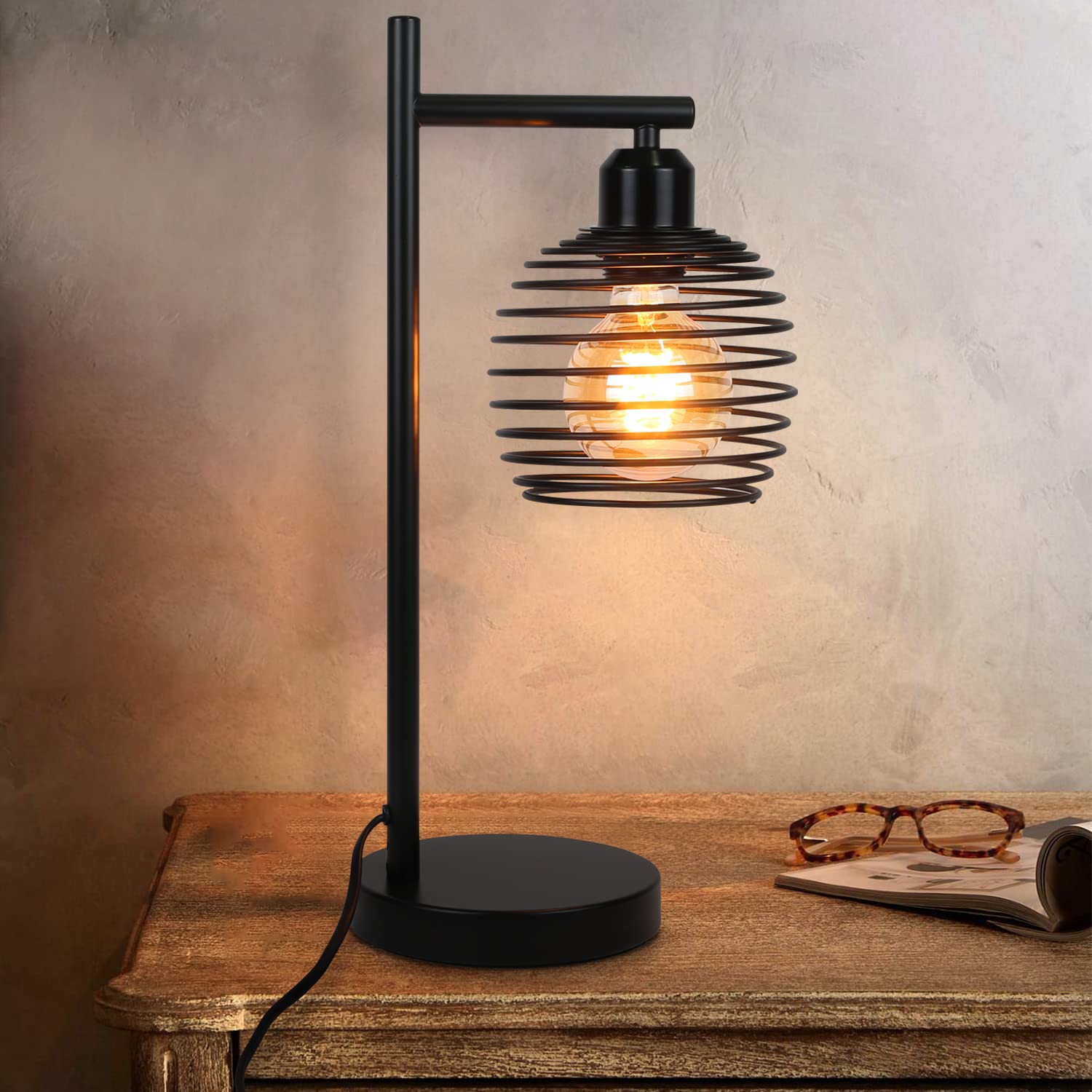 Vintage Industrial Table Lamp with Spiral Shade - Black Bedside Desk Light for Living Room, Bedroom, Office & Farmhouse | E26 Edison Bulb Compatible | Perfect for Nightstand Lighting, Reading & Home Decor