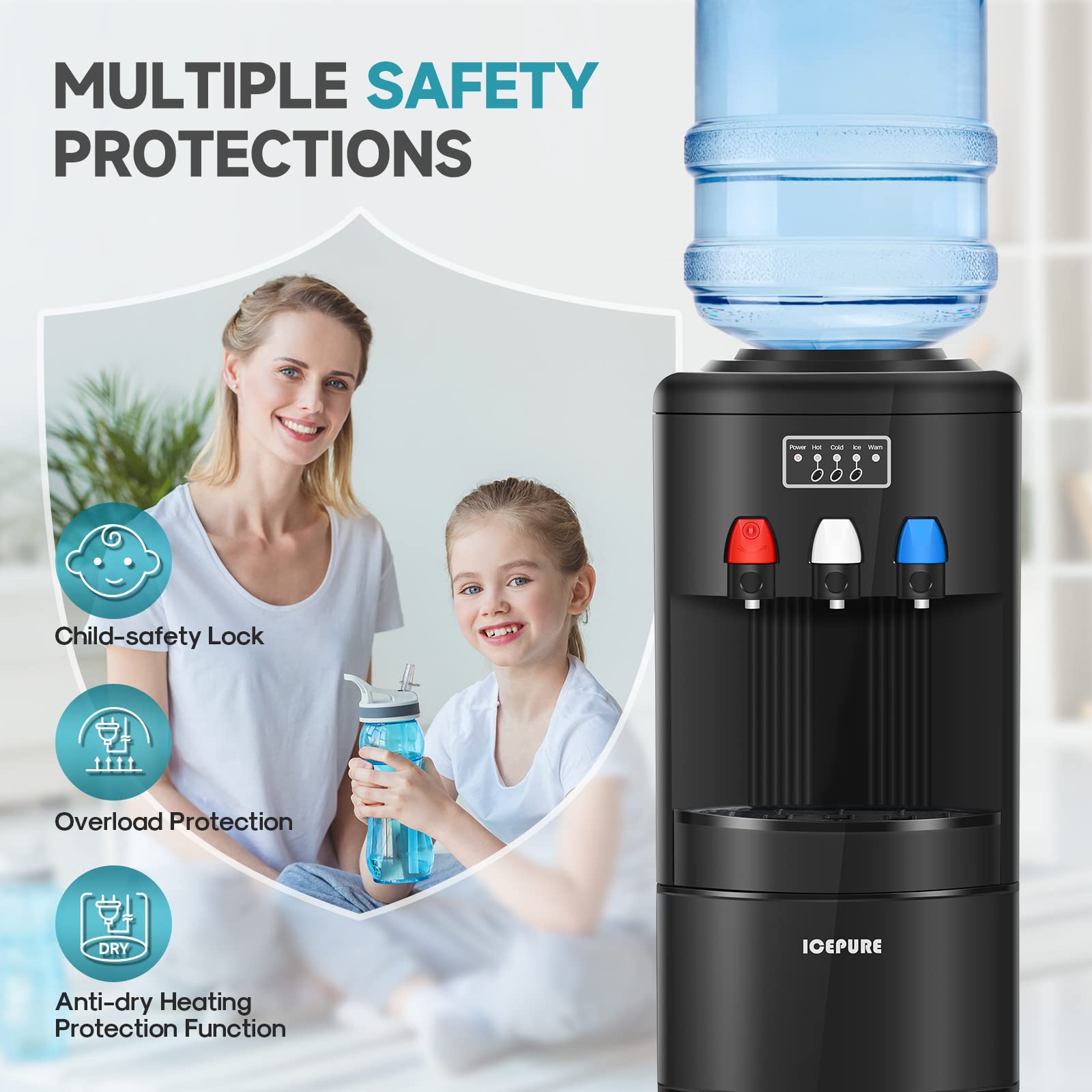 ICEPURE 3-in-1 Countertop Water Cooler Dispenser with Built-In Ice Maker - Hot, Cold & Room Temperature Water + Bullet Ice - Top Loading for 2/3/5 Gallon Bottles - 26.5 Lbs Daily Ice Production - Child Safety Lock - Black - Perfect for Home, Office & Kitchen Use