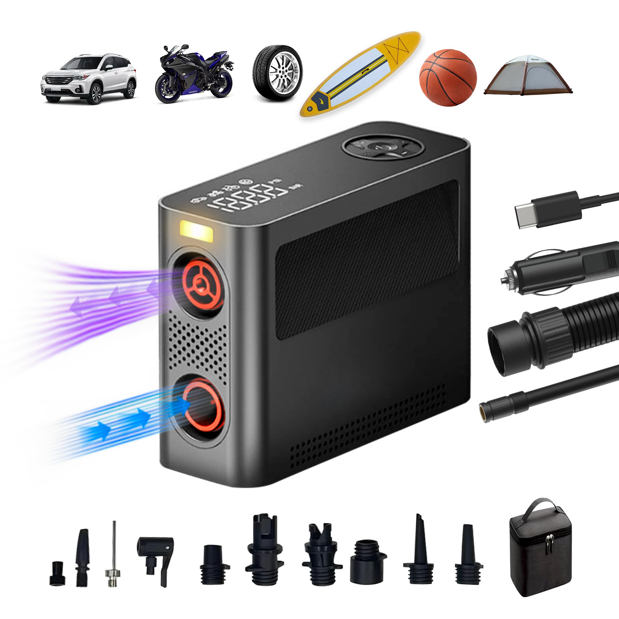 150 PSI Portable Air Pump - Rechargeable Tire Inflator with 8 Modes, Dual-Power Option & Auto-Stop for Car Tires, Bikes, SUVs, Motorcycles, SUP Paddle Boards, Pool Floats, Kayaks, Sports Balls, Air Mattresses - Fast Inflation with LED Light for Home, Travel & Outdoor Adventures