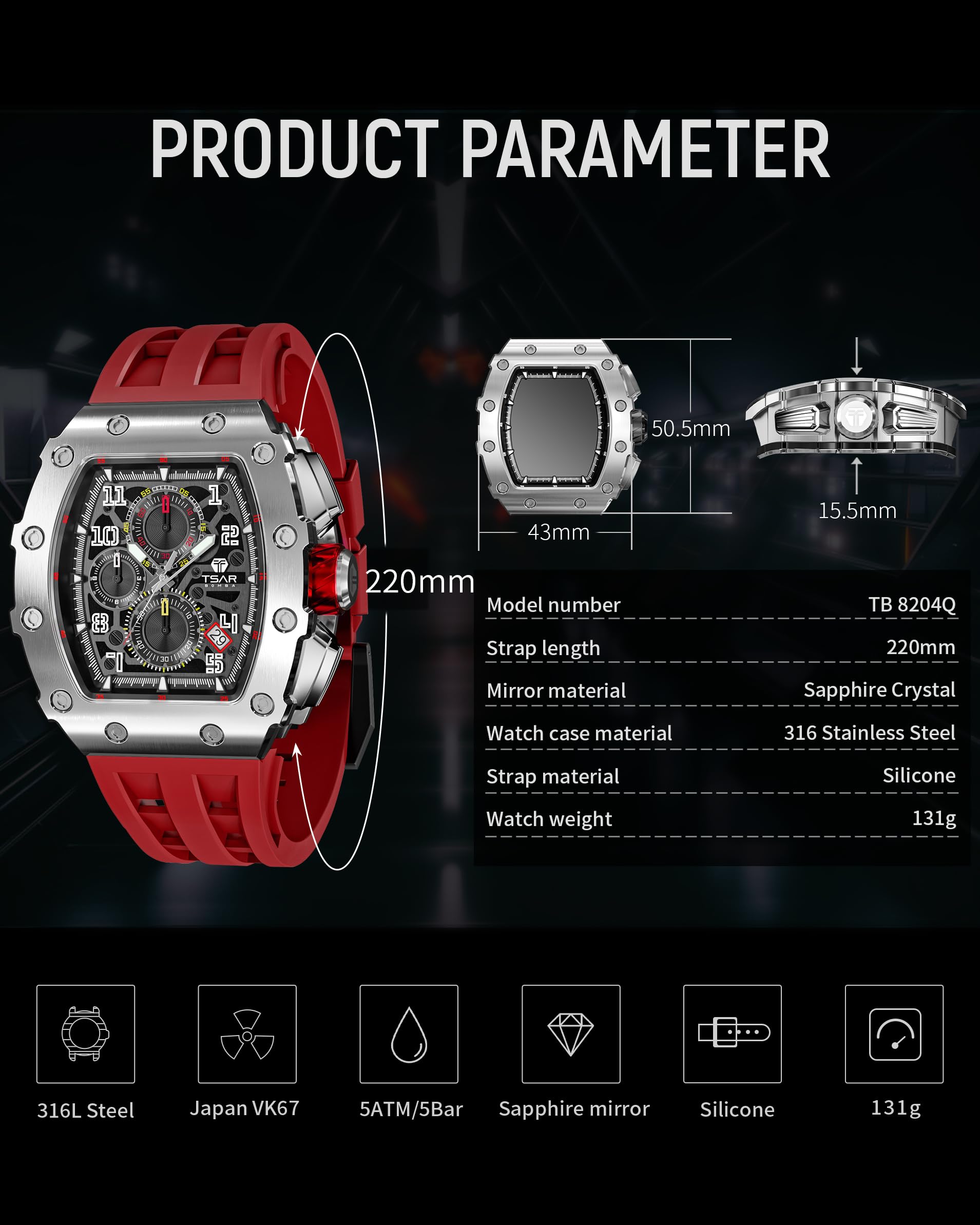 TSAR BOMBA Luxury Men's Tonneau Watch - Waterproof 50M Analog Chronograph with Date Calendar - Business Dress & Diver Watch for Men - Large Square Face Wristwatch - Perfect for Office, Formal Events & Water Activities