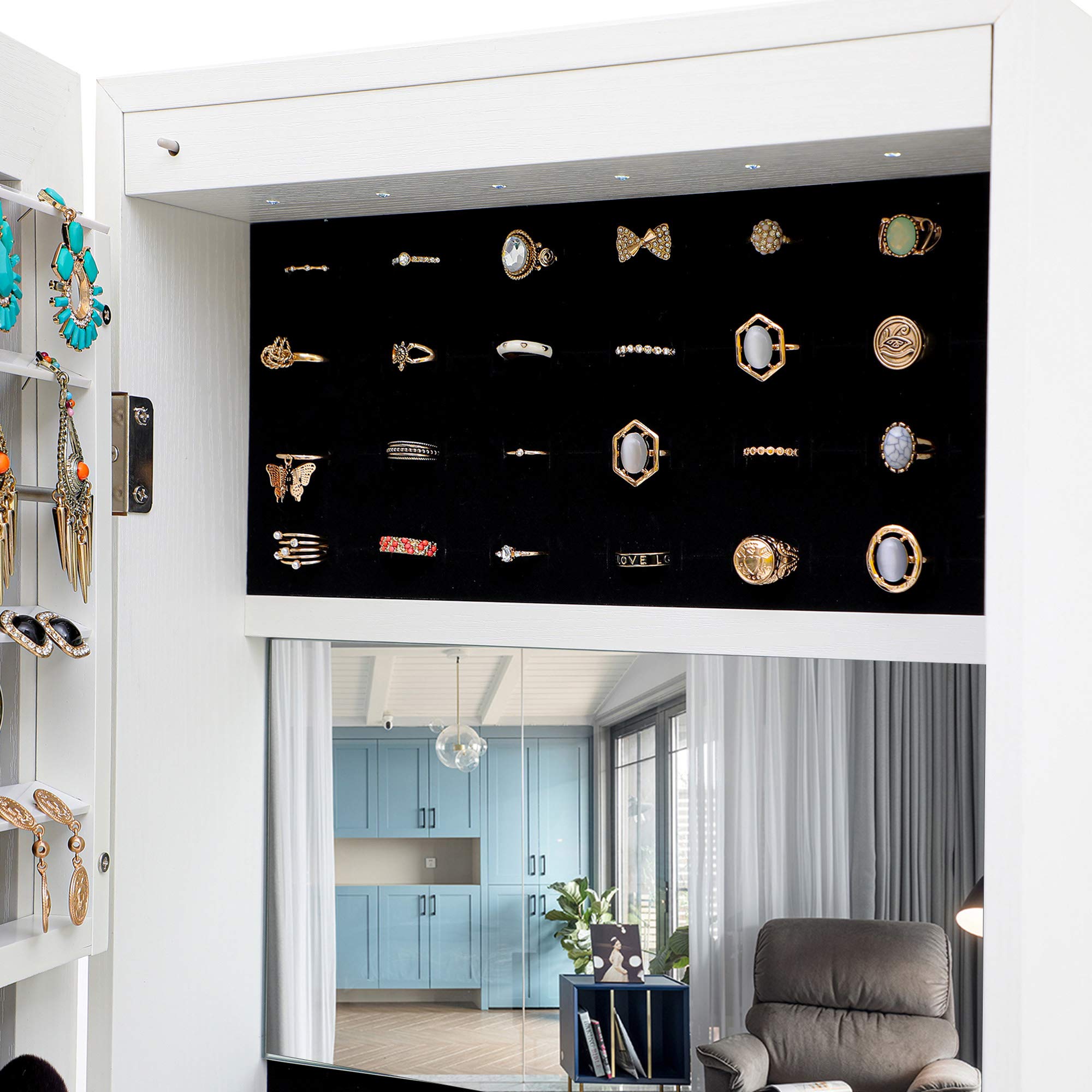 6 LED Lockable Standing Mirror Jewelry Cabinet with Large Storage - Full Screen & Interior Mirror, 2 Drawers, 3 Adjustable Angles - Perfect for Bedroom, Dressing Room & Jewelry Organization (White)