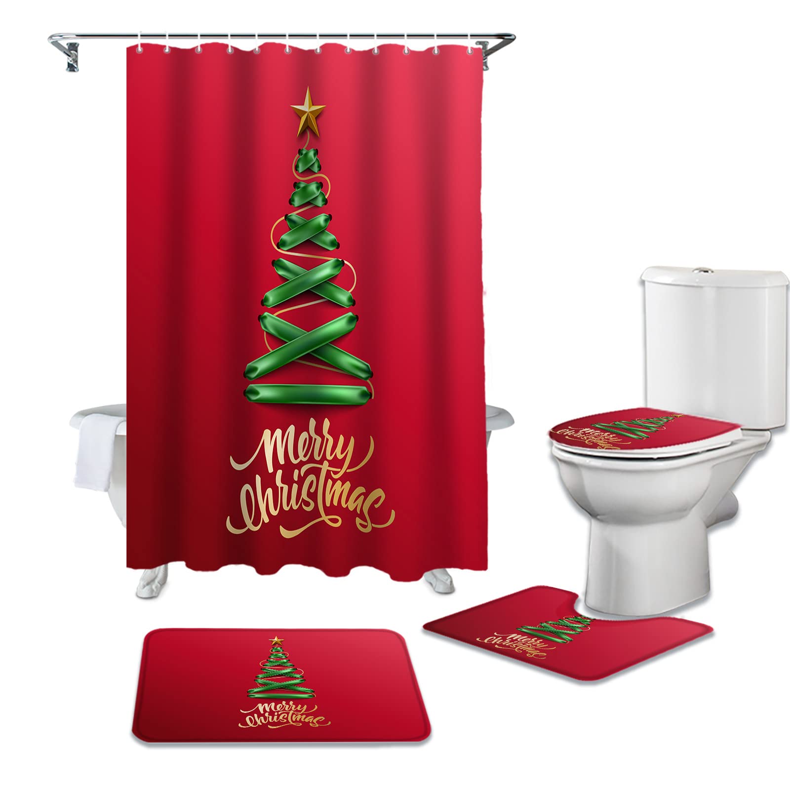 Queenker 4-Piece Christmas Shower Curtain Set with Xmas Tree Design - Waterproof Bathroom Decor Includes Non-Slip Rug, Toilet Lid Cover & U-Shaped Mat - Perfect Holiday Bathroom Upgrade for Festive Home Decor
