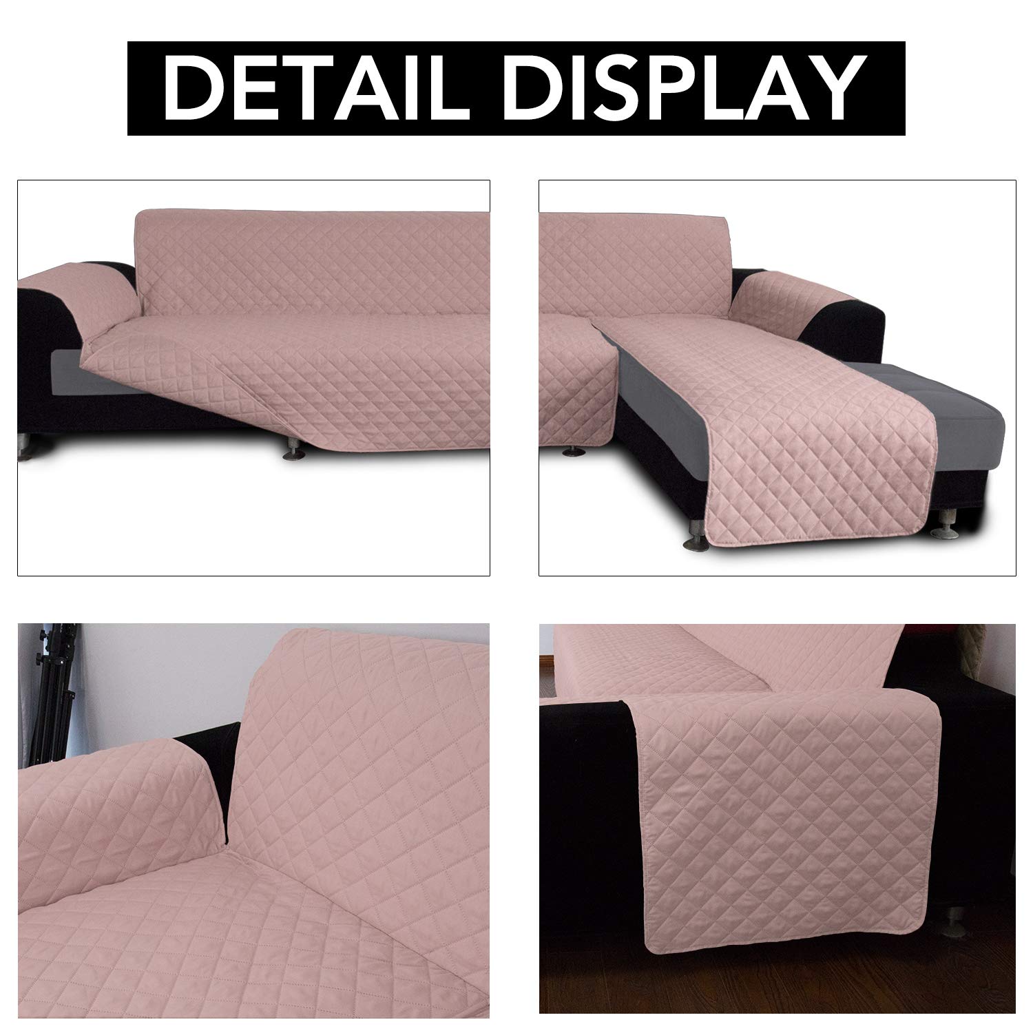 Reversible L-Shaped Sofa Slipcover - XL Pink/Pink Sectional Couch Cover with Chaise Lounge, Pet & Kid-Friendly Furniture Protector for Living Room, Family Room, and Home Theater Use