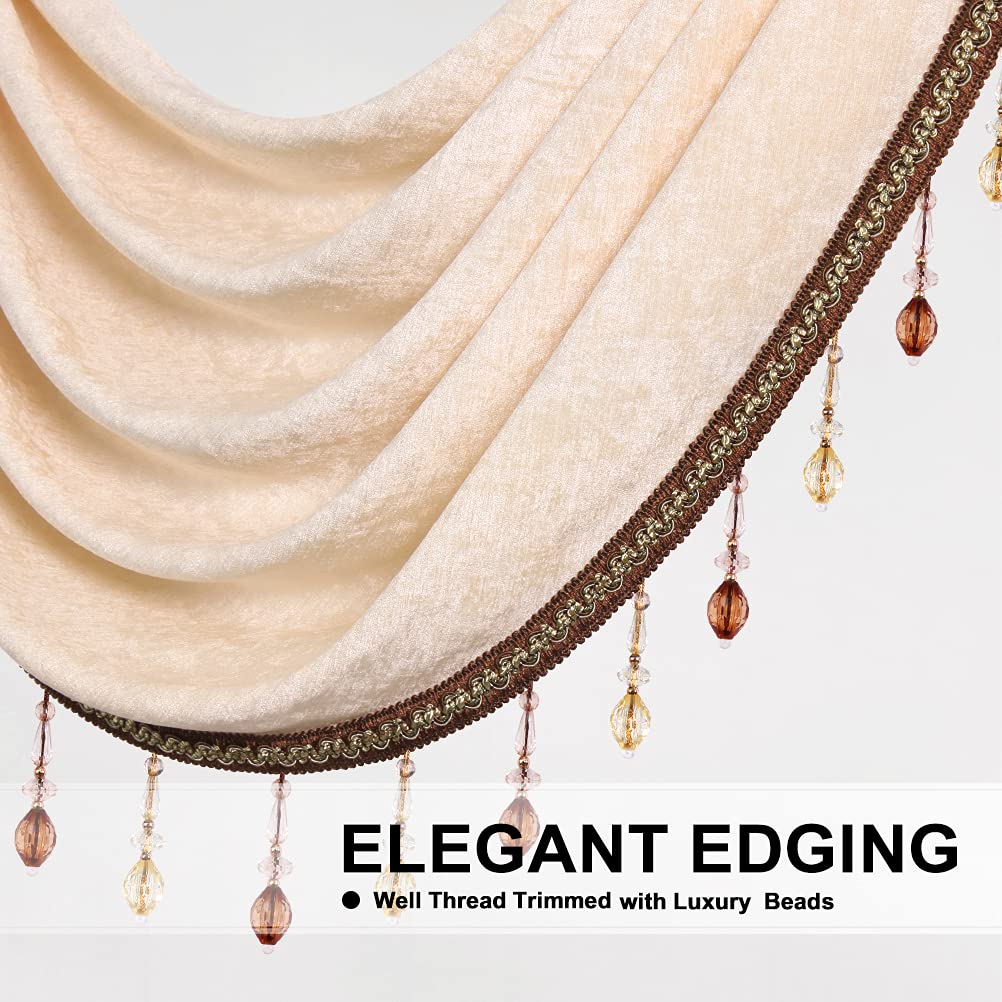 ELKCA Beige Chenille Waterfall Valance - Single Hollow Swag Curtain Panel with Rod Pocket for Living Room, Bedroom & Kitchen - Elegant Window Treatment for Home Decor