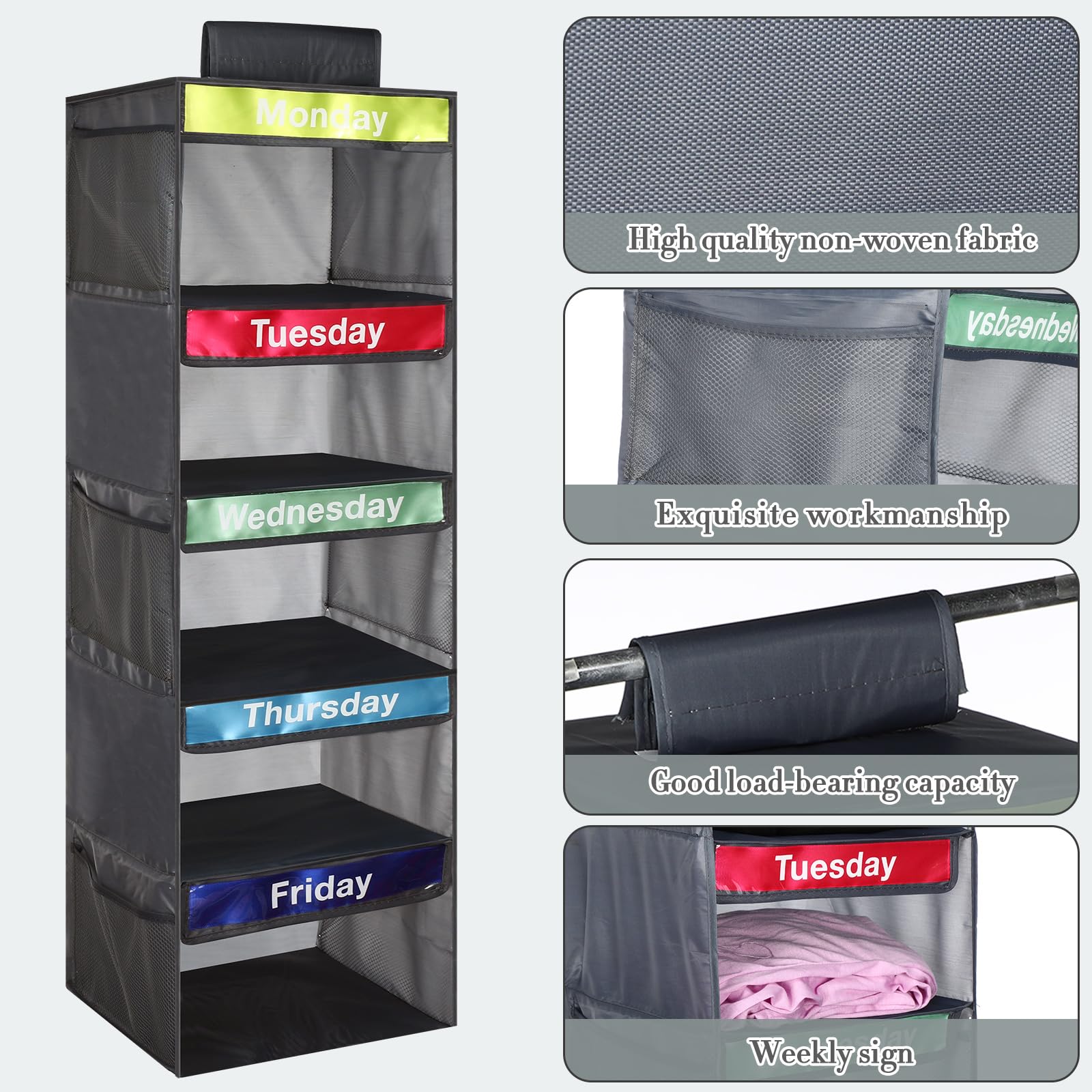 2 Pack Kids Closet Organizer - Collapsible Hanging Shelf Dividers for Clothes, Sweaters & Hats | Space-Saving Dorm & Bedroom Storage Solution (Dark Grey) - Perfect for Small Spaces, Kids Rooms & College Dorm Organization