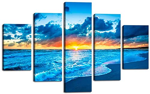 Navy Blue Beach Ocean Sunrise Modern Landscape Wall Art - 5 Piece Large Seaside Canvas Painting Prints (60''Wx40''H) for Living Room, Bedroom & Home Decor | Coastal Themed Framed Posters Perfect for Beach House, Office or Gift