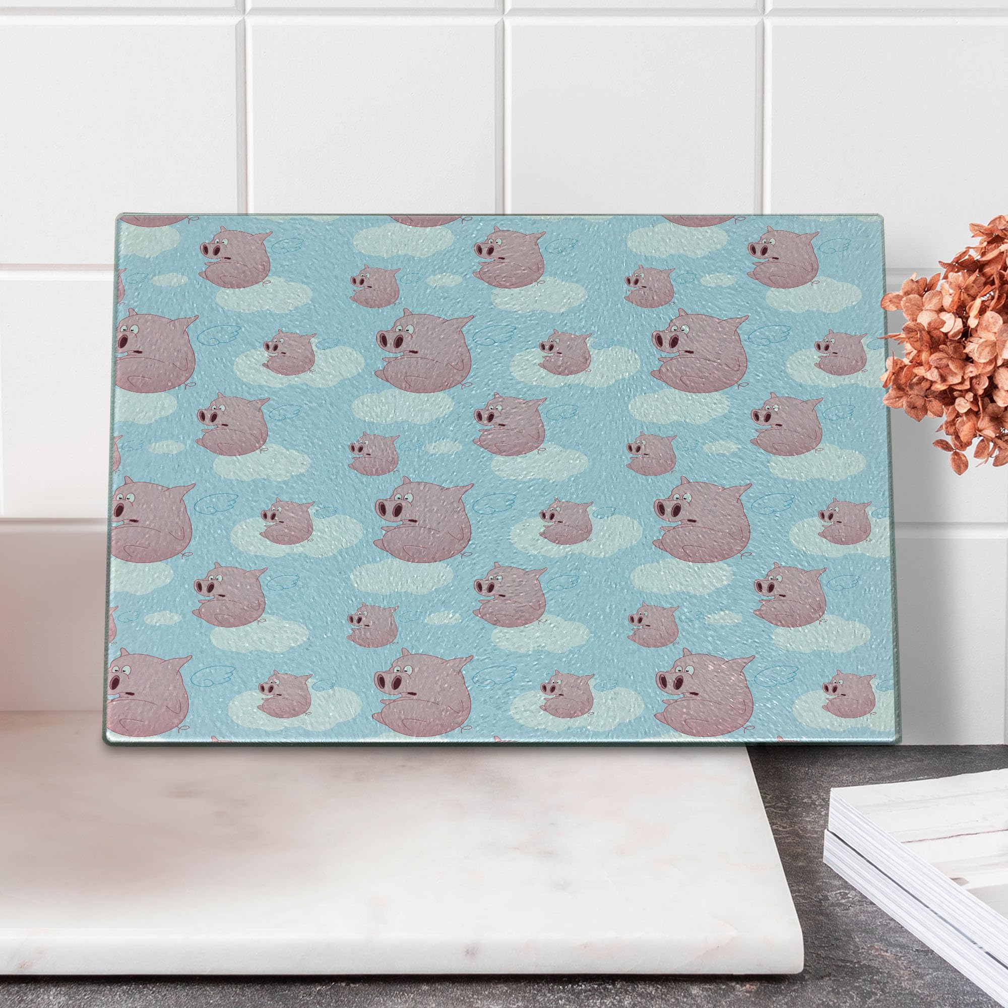 Lunarable Pig Themed Cutting Board - Cartoon Style Flying Pigs with Clouds Design - Durable Tempered Glass Serving Board (Small Size, Pale Blue/White/Pink) - Perfect for Kitchen Decor, Cheese Platters & Gift Giving