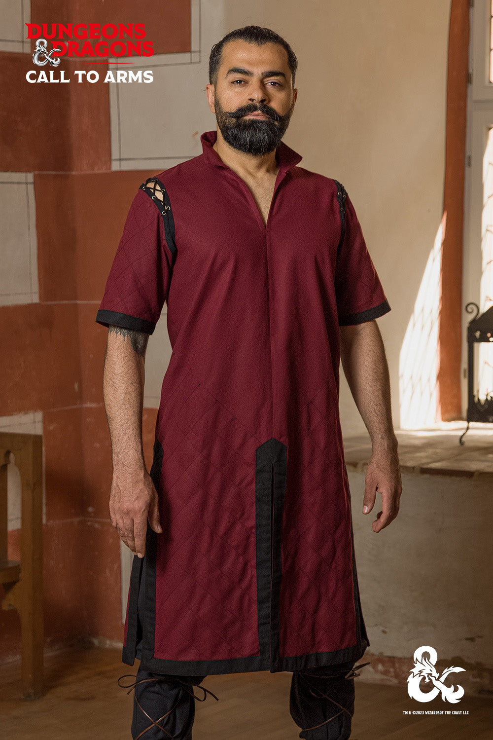 Dungeons & Dragons Fighter Tunic - Burgundy & Black Medieval Costume for LARP, Cosplay & Fantasy Roleplaying Games