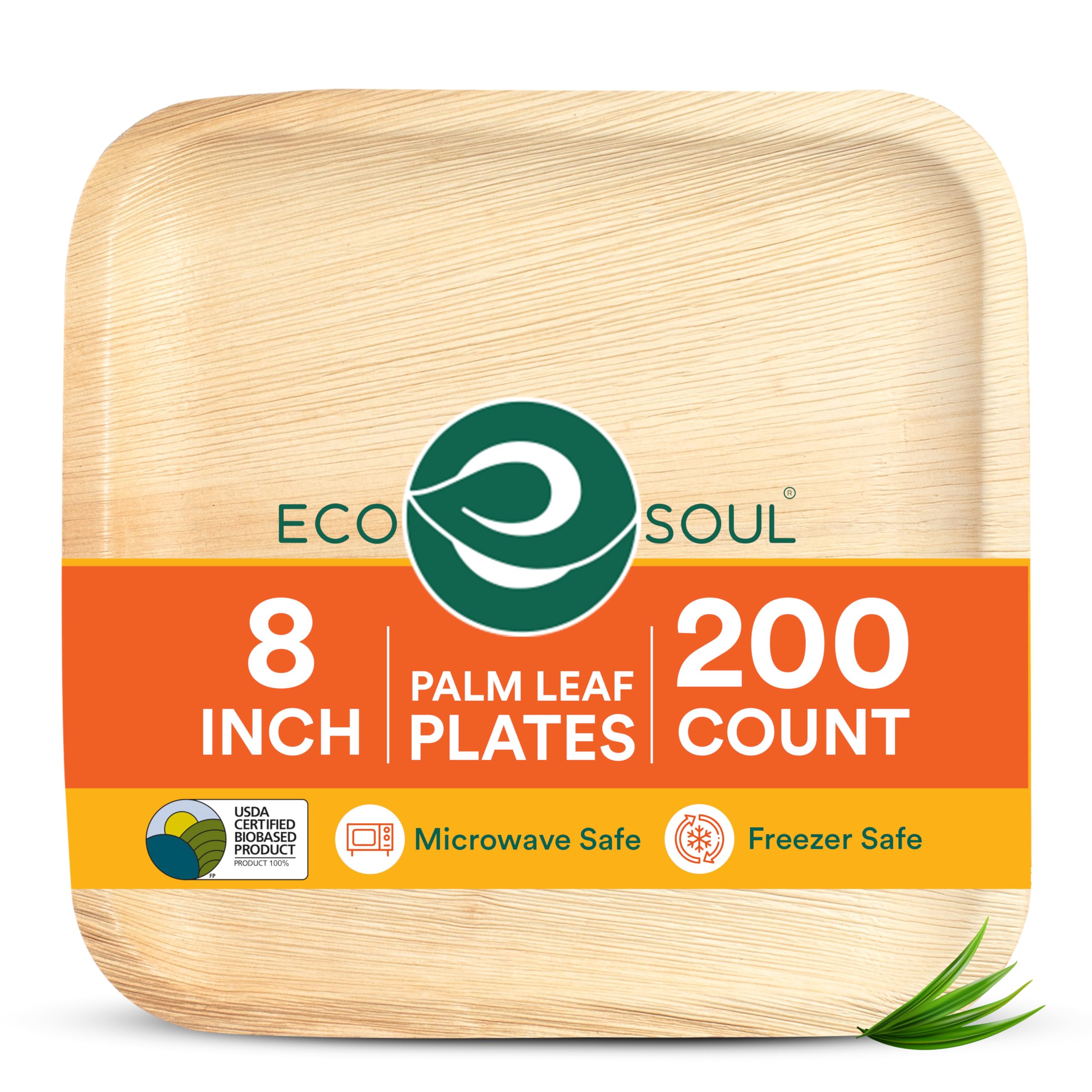 ECO SOUL Compostable 8 Inch Square Palm Leaf Plates (200 Count) - Biodegradable & Eco-Friendly Dinnerware | Microwave & Oven Safe | Perfect for Parties, Picnics, and Sustainable Dining