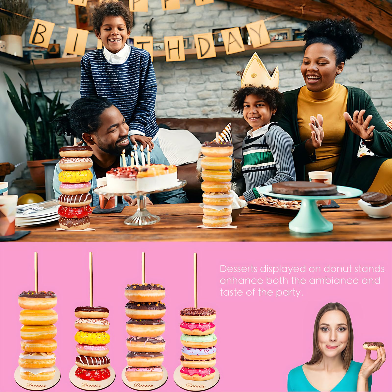 4-Pack Wooden Donut Stand Set - Elegant Donut Holder & Tower Display for Dessert Tables, Weddings, Birthdays, Baby Showers, Class Reunions & Party Decor - Perfect for Bakery Displays, Coffee Shop Countertops & Home Kitchen Organization