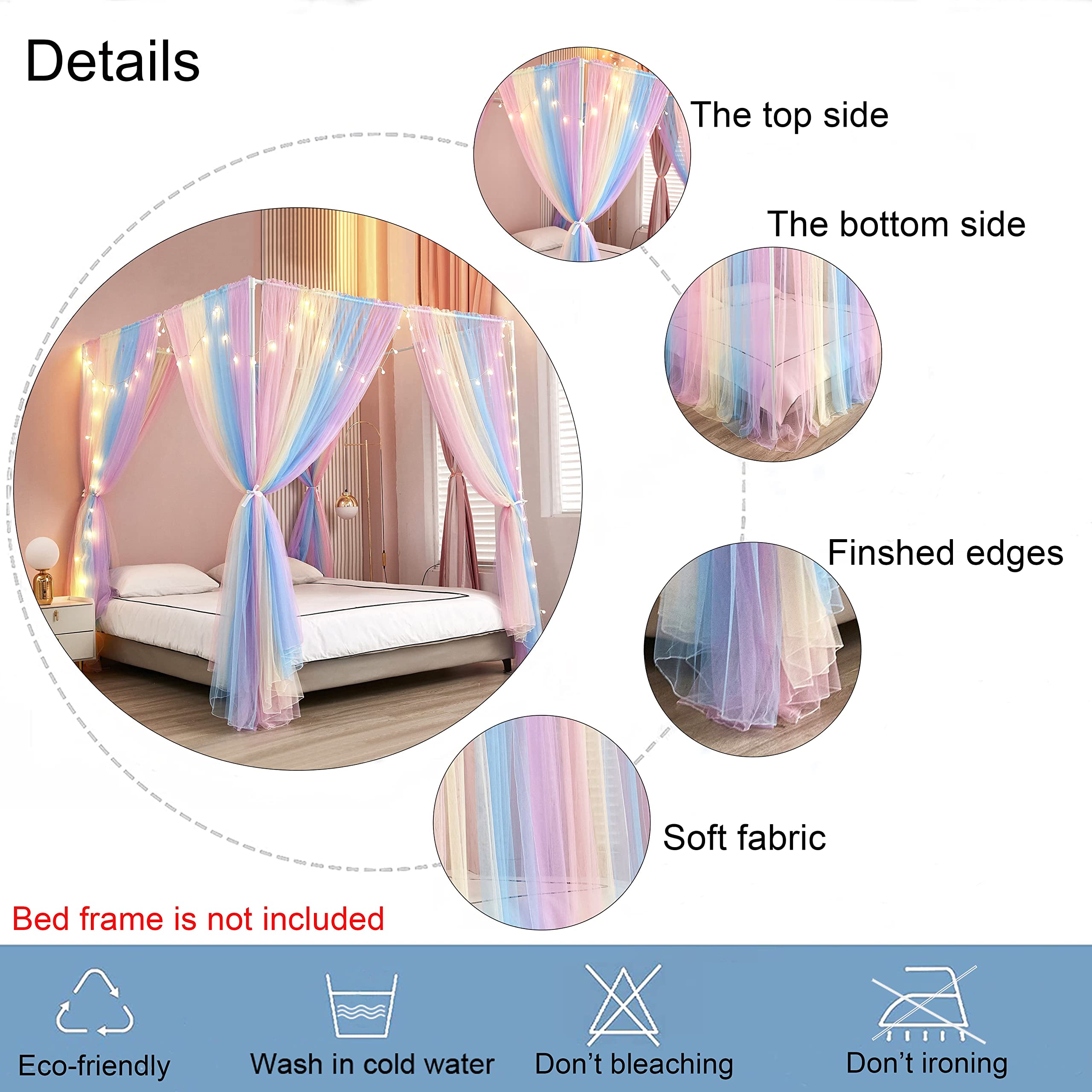 Rainbow Canopy Bed Curtains with LED Lights - 8 Panel Bed Drapes Netting for Twin Size Beds, Dreamy Bedroom Decor for Girls & Adults - Perfect for Romantic Nights, Boho Bedroom Makeover and Cozy Reading Nook