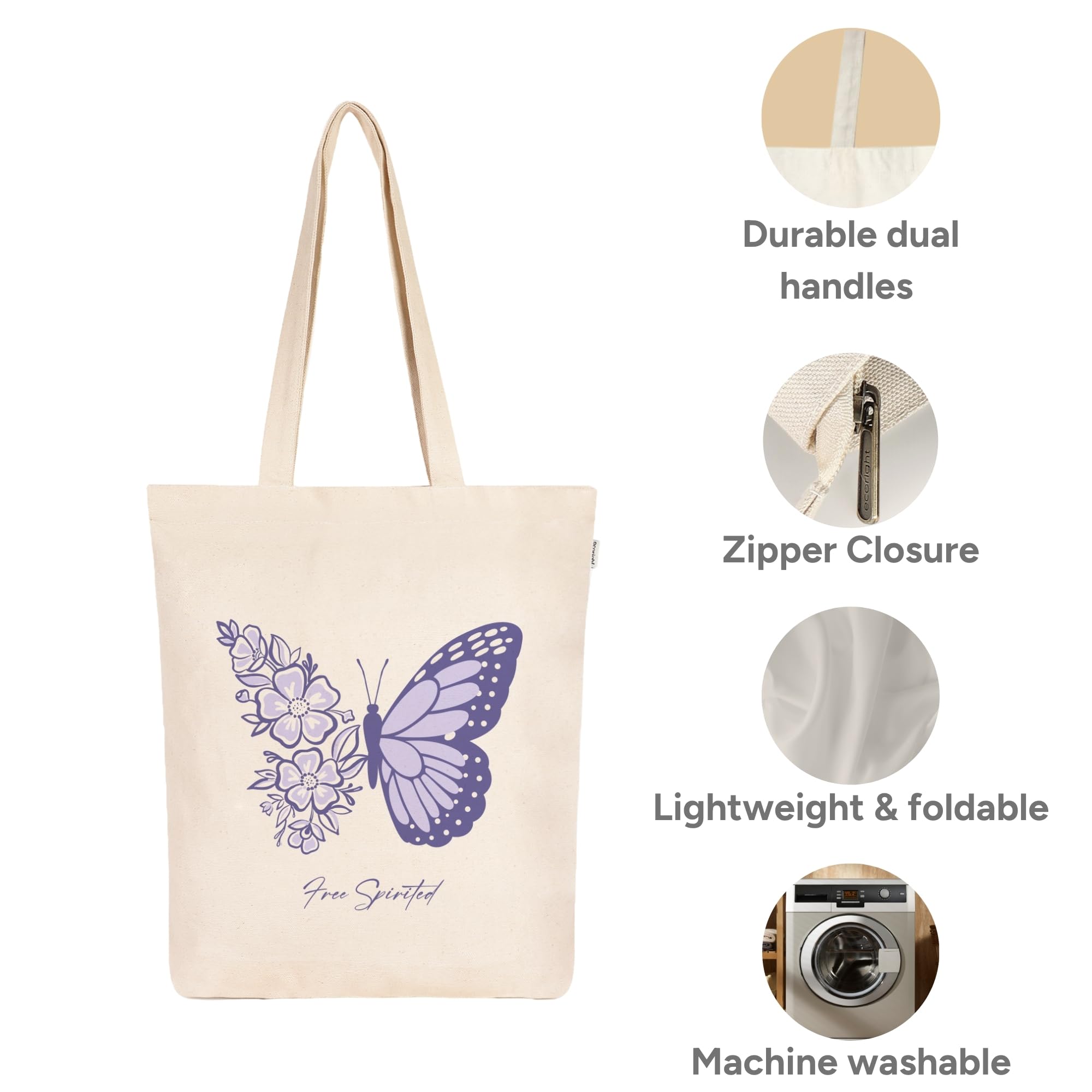 Ecoright 100% Organic Cotton Canvas Tote Bag with Zip for Women - Reusable Shopping Bag, College Backpack, Beach & Travel Tote - Perfect for Groceries, School, Vacation & Eco-Friendly Lifestyle