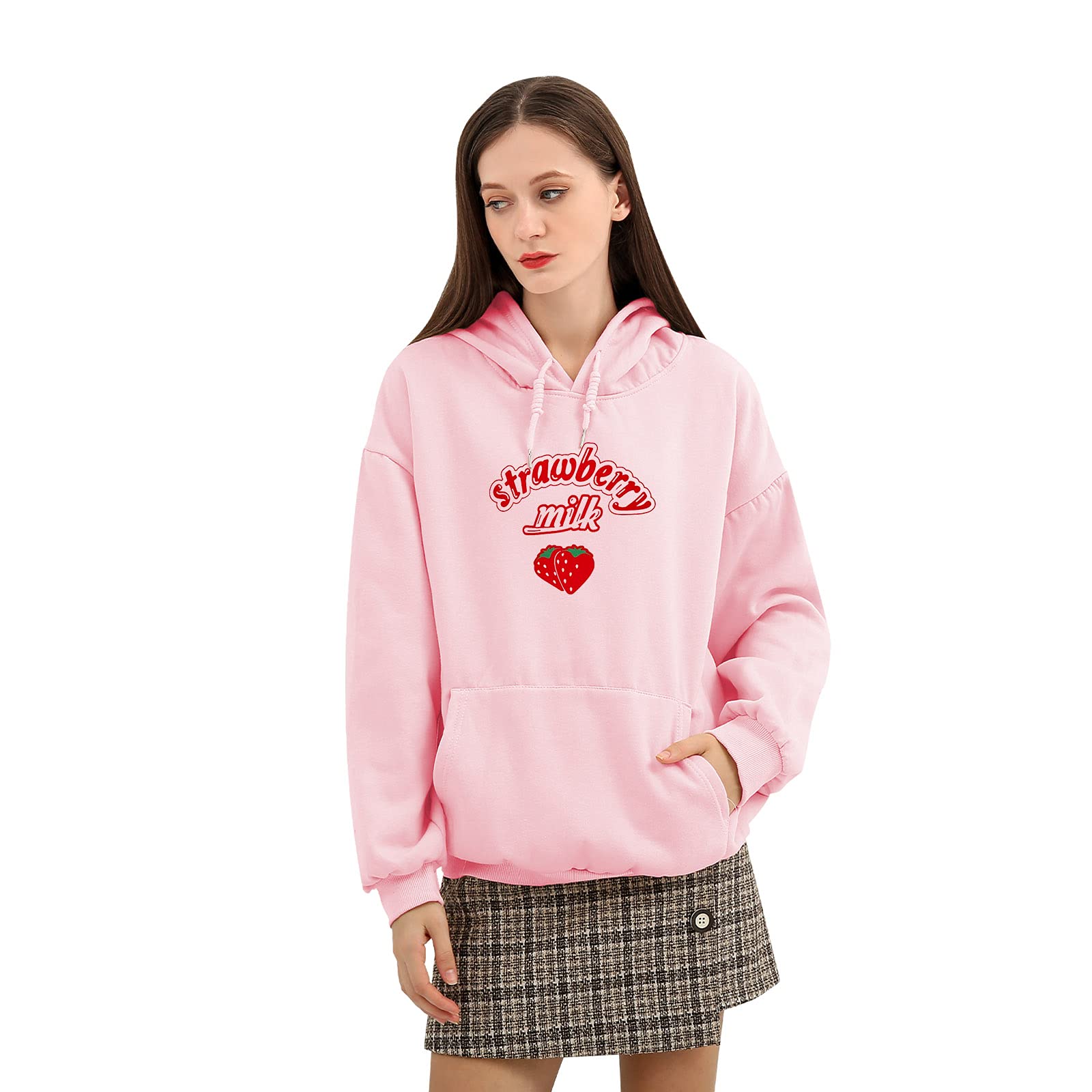 KEEVICI Women's Cute Strawberry Milk Hoodie - Korean Harajuku Style Cotton Loose Long Sleeve Kawaii Sweatshirt with Pockets | Casual Streetwear, Anime Cosplay, Cute Outfit for Daily Wear
