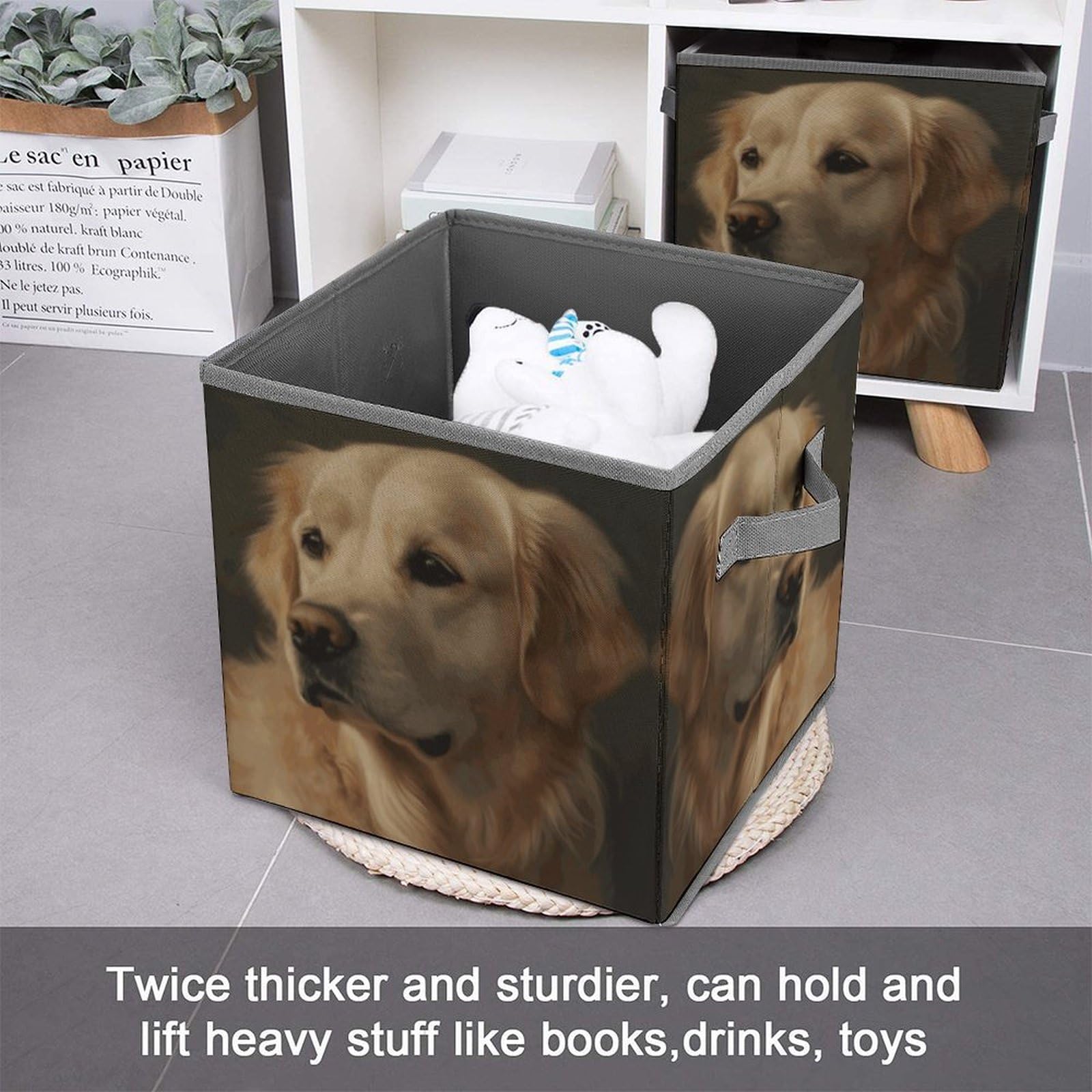 Golden Retriever Pattern Foldable Storage Box with Handle - Closet Organizer Bins for Clothes, Cabinet & Shelf Organization | Perfect for Bedroom, Nursery & Pet Supplies Storage