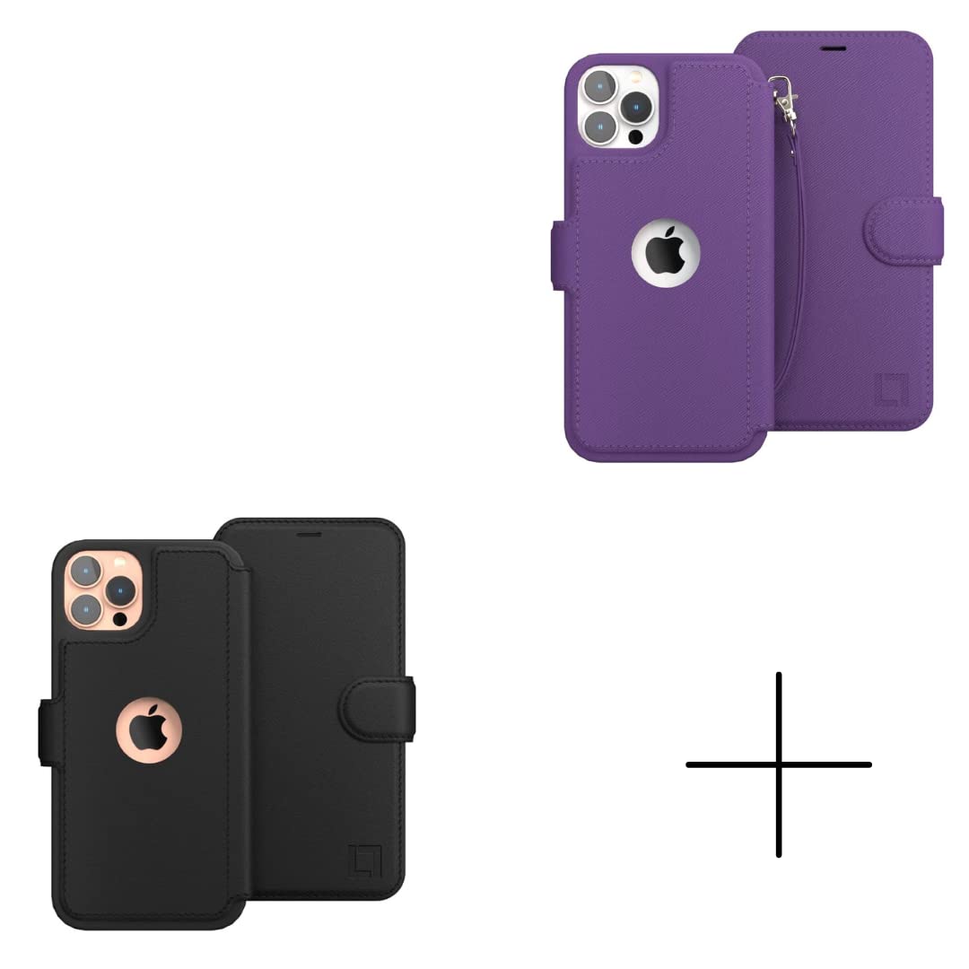 LUPA Legacy iPhone 12 Wallet Case for Women & Men - Slim Durable Faux Leather Flip Folio Cover with Card Holder - Compatible with iPhone 12/12 Pro - Black & Purple - Perfect for Work, Travel & Everyday Use