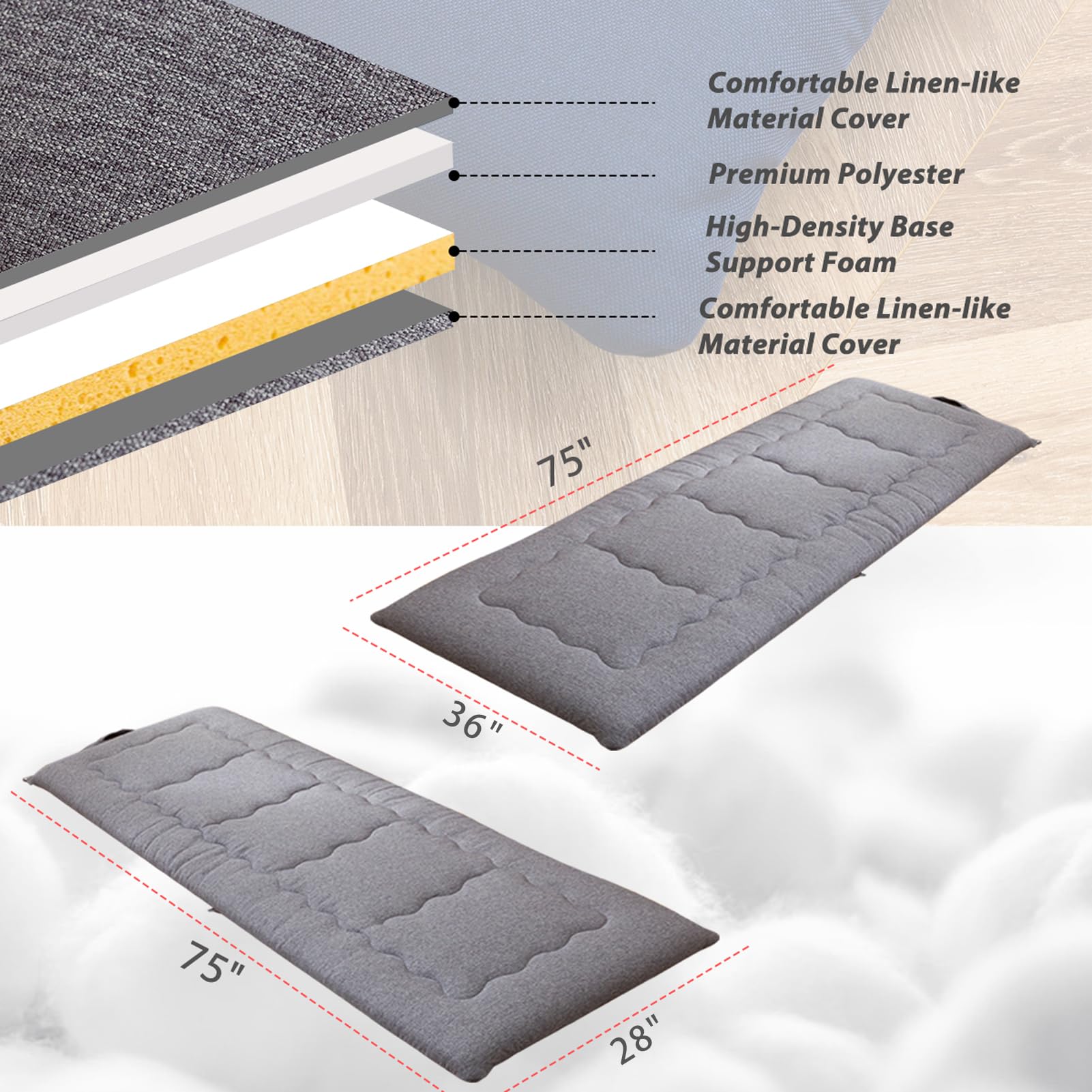 MAXYOYO Roll Up Mattress - Portable Foldable Floor Futon for Camping, Travel & Guest Bed - 75x28 Inch Grey Single Sleeping Mat - Indoor Outdoor Use for Home, Dorm & RV