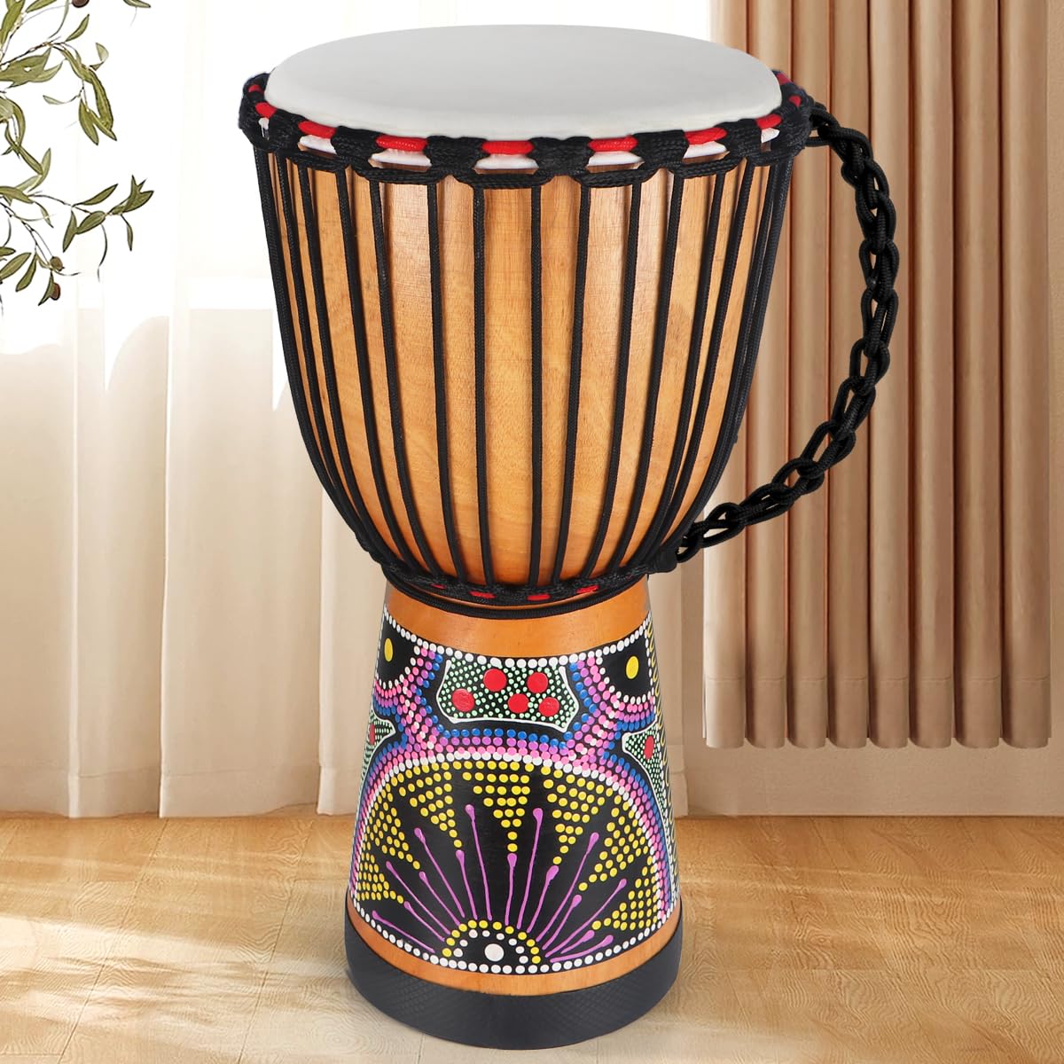 Lotmusic 10'' African Djembe Drum - Hand-Painted Mahogany Congo Bongo Drum with Goatskin Head | Professional Percussion Instrument for Adults | Perfect for Music Therapy, Drum Circles & Cultural Performances