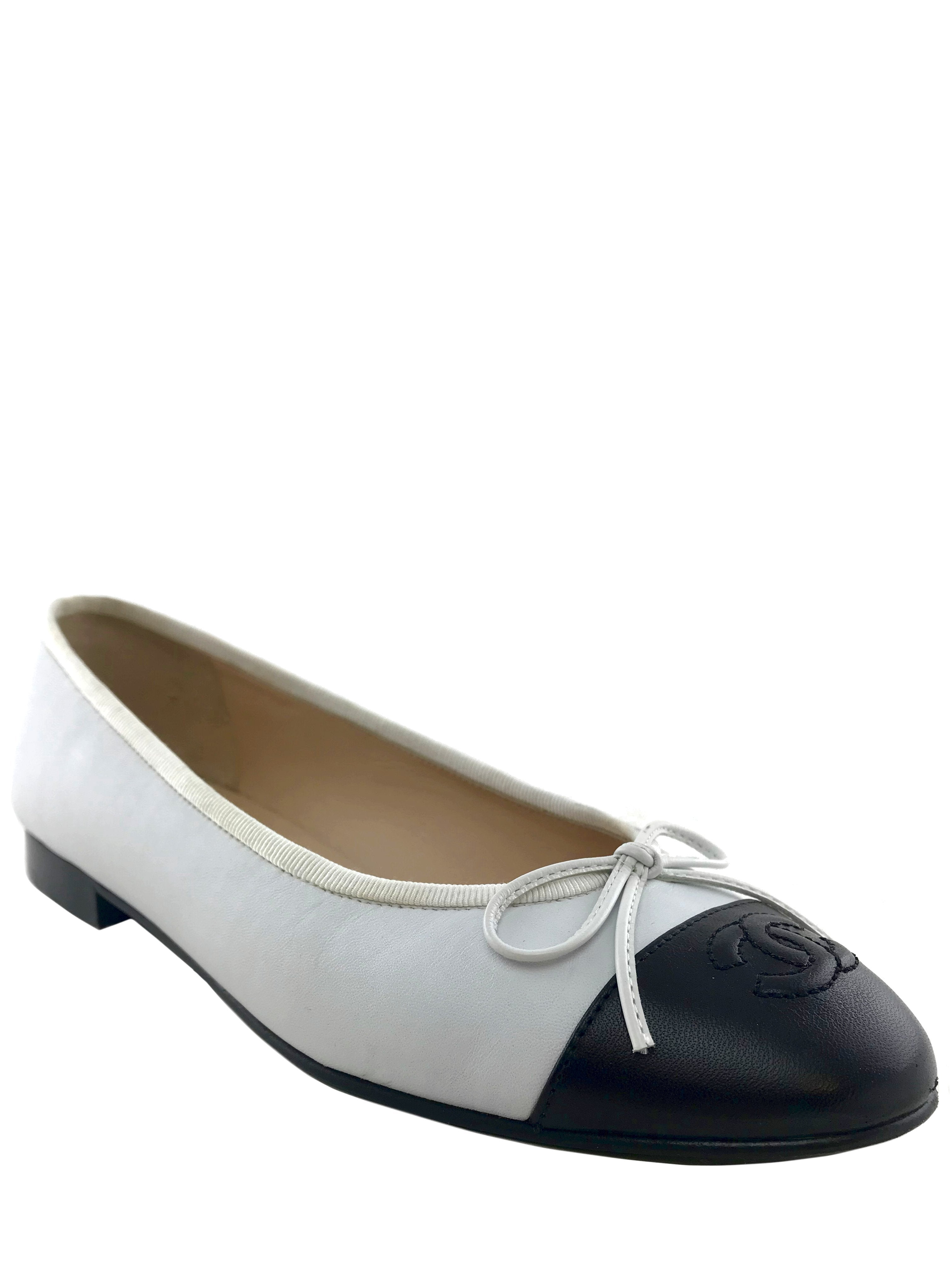 Chanel CC Cap Toe Leather Ballet Flats for Women - Size 8 | Classic Pointed Toe Comfortable Shoes for Work, Party & Everyday Wear