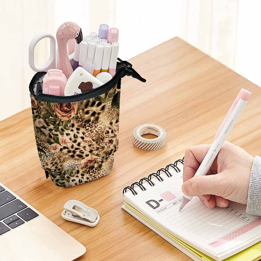 Swono Striped Leopard Pencil Case - Flower Rose Design Stand Up Makeup Organizer - Colorful Pouch for School, Office & Travel (Perfect Gift Idea)