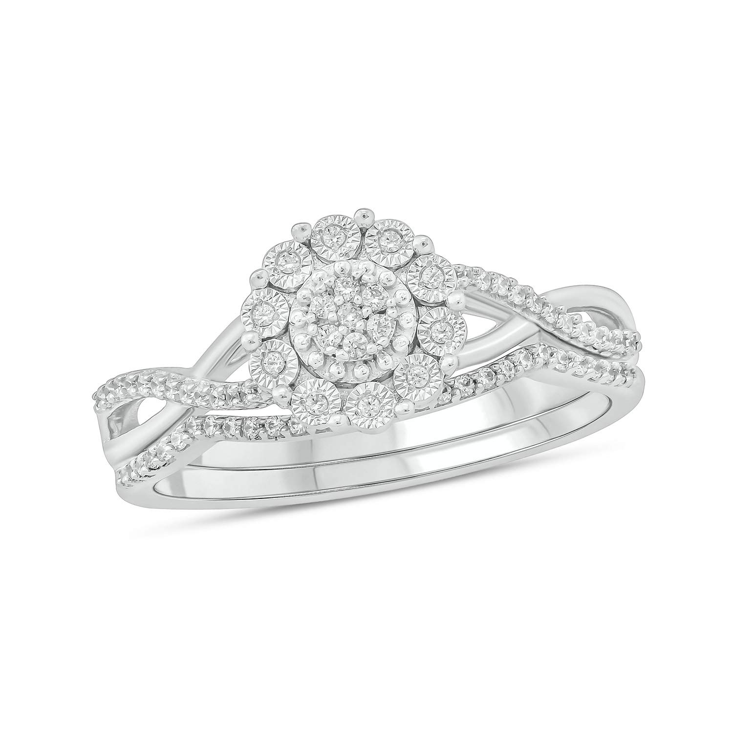 1/6 Carat Diamond Floral Halo Engagement Ring & Wedding Band Set for Women in 925 Sterling Silver - Elegant Bridal Jewelry for Proposals, Anniversaries & Special Occasions