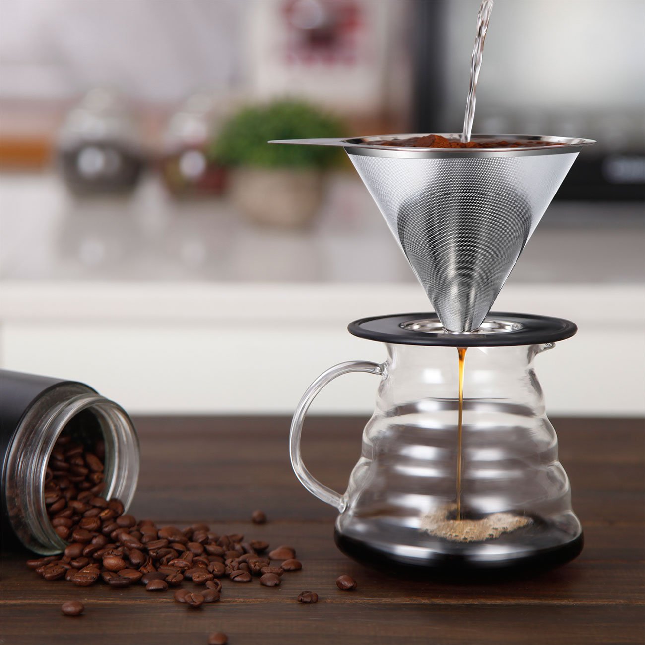 Premium Stainless Steel Pour Over Coffee Dripper - Reusable Metal Cone Filter for 1-4 Cups | Paperless Single Cup Coffee Maker with Non-Slip Stand & Cleaning Brush | Perfect for Home, Office & Camping Brewing