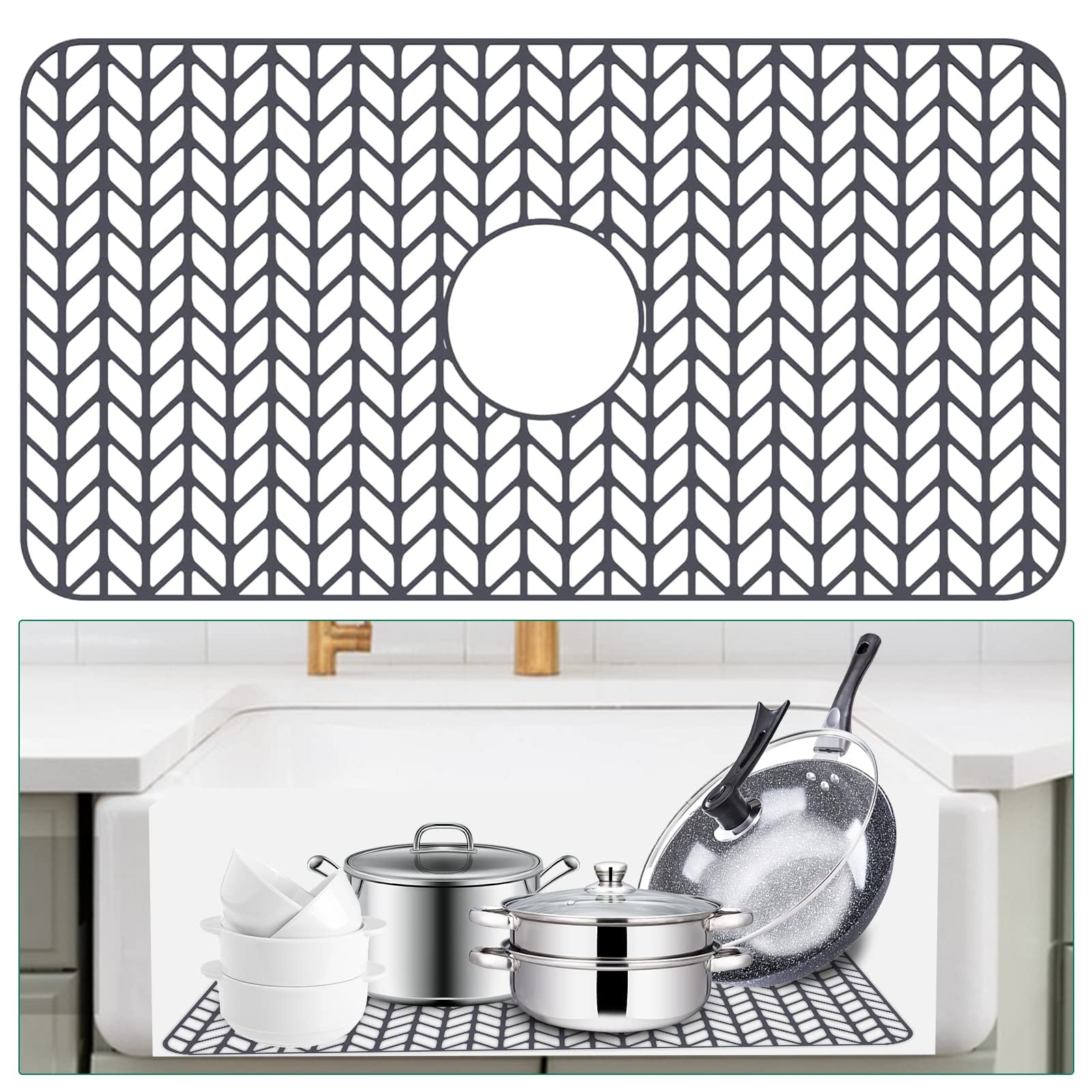 BBYUS 26x14 Inch Silicone Sink Mat - Non-Slip Kitchen Sink Protector with Central Drainage, Heat Resistant Farmhouse Sink Liner (Grey Water Drop Grid) - Perfect for Kitchen Countertops, Dish Drying & Protecting Sinks from Scratches
